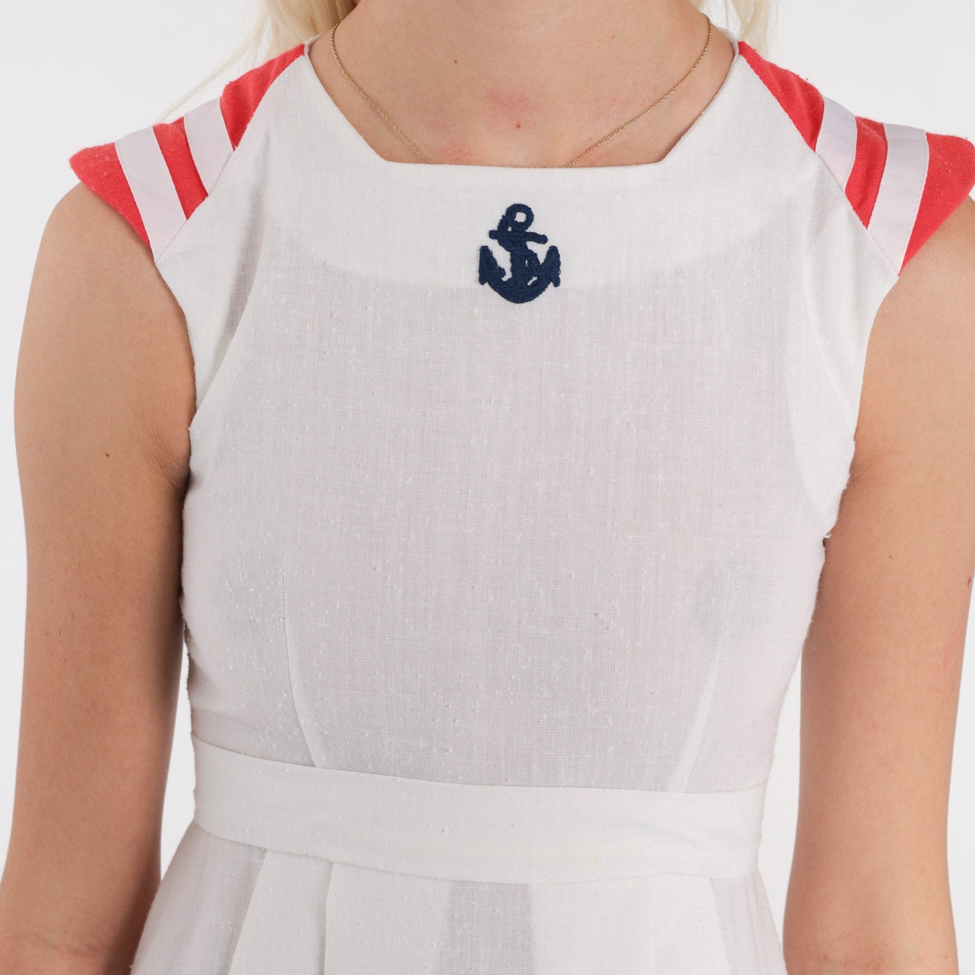 70s Nautical White Mini Dress Anchor Embroidered Red Striped Empire Waist XXS