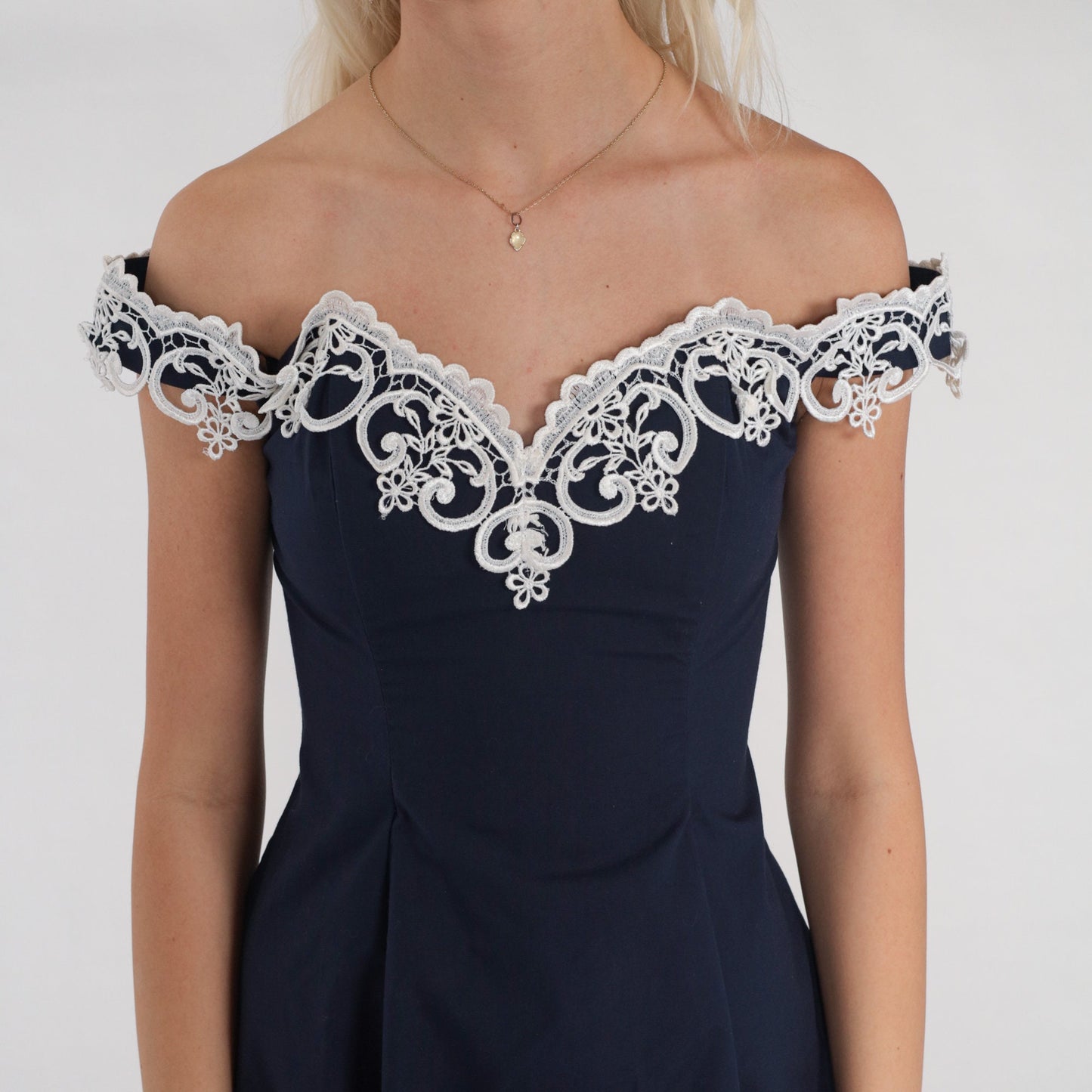 80s Gunne Sax Mini Dress Navy Floral Lace Off-Shoulder Fit Flare XXS