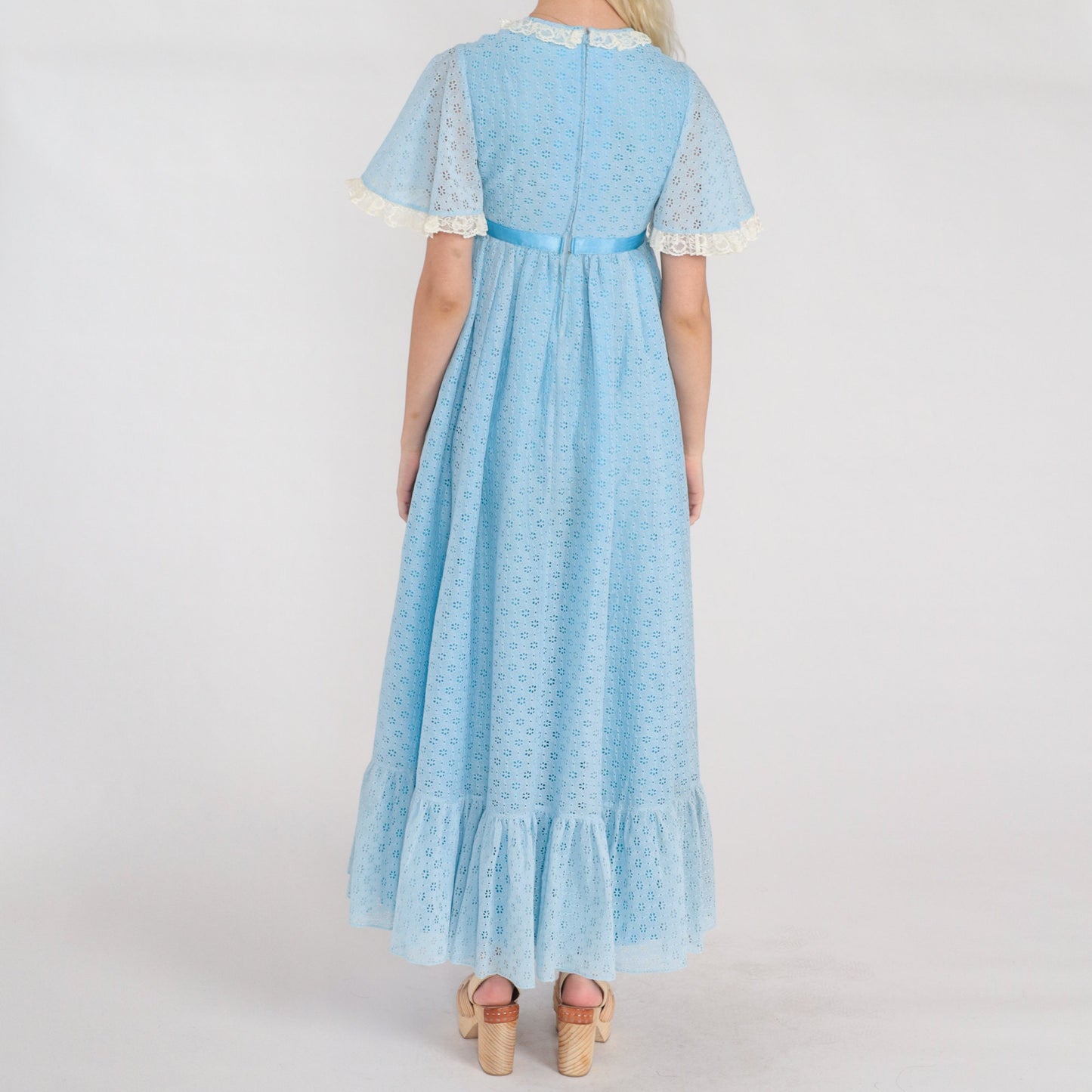 70s Blue Eyelet Maxi Dress Empire Waist Flutter Sleeve Lace Trim Ankle Length Extra Small XS