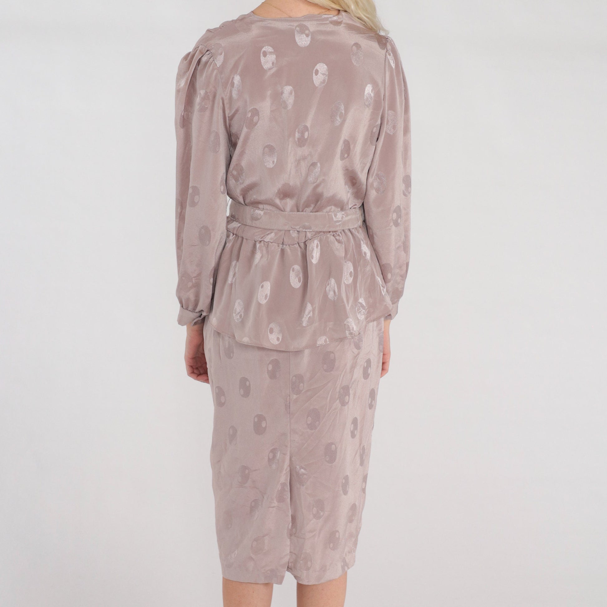 80s Taupe Peplum Midi Dress High Waist V Neck Long Sleeve Embossed Dot Small