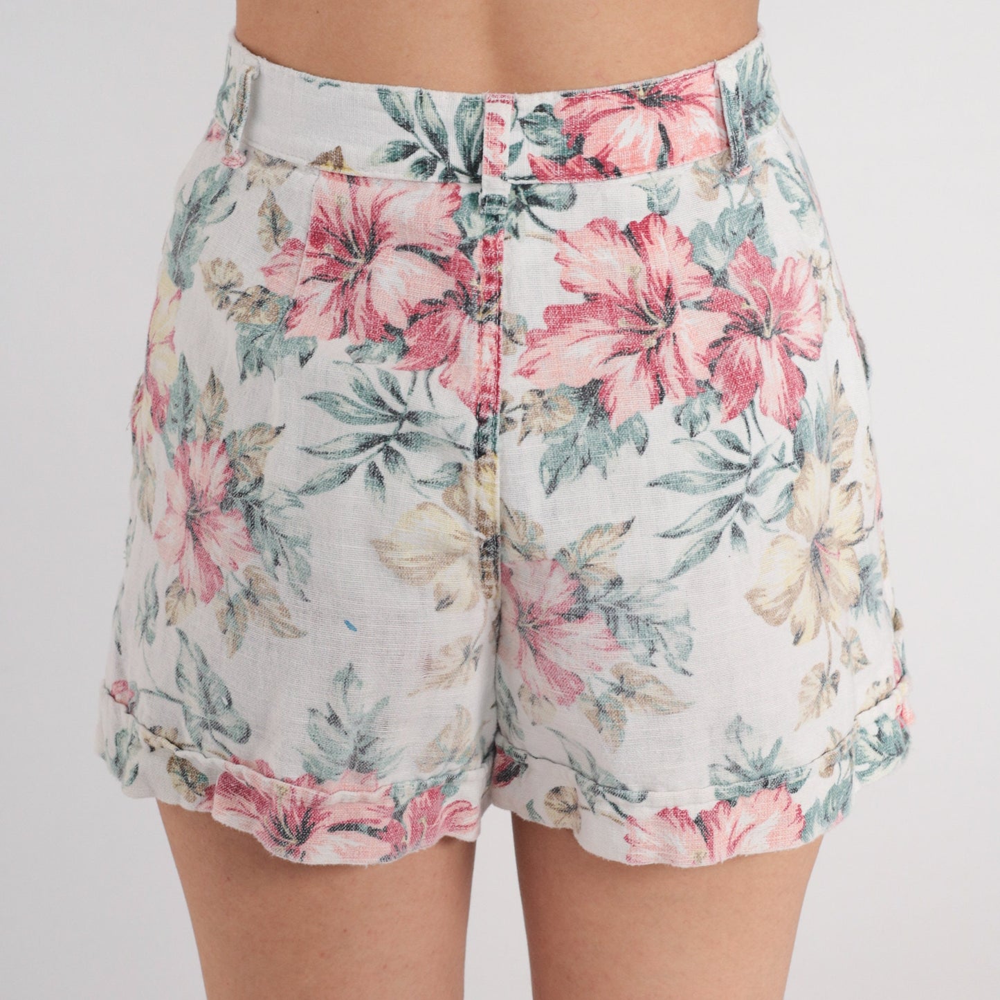 90s White Floral High-Waisted Shorts Cotton Linen Pockets Extra Small