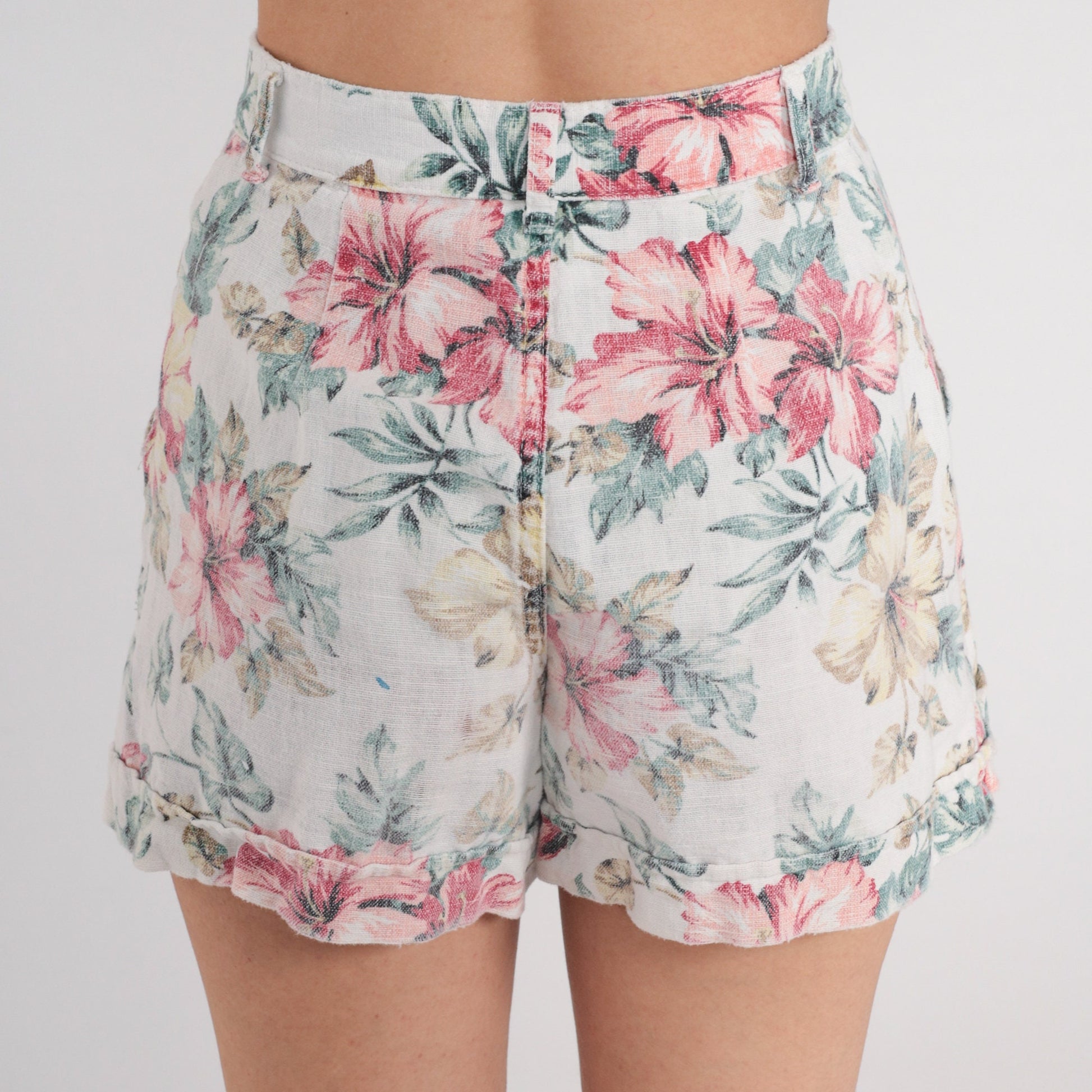 90s White Floral High-Waisted Shorts Cotton Linen Pockets Extra Small