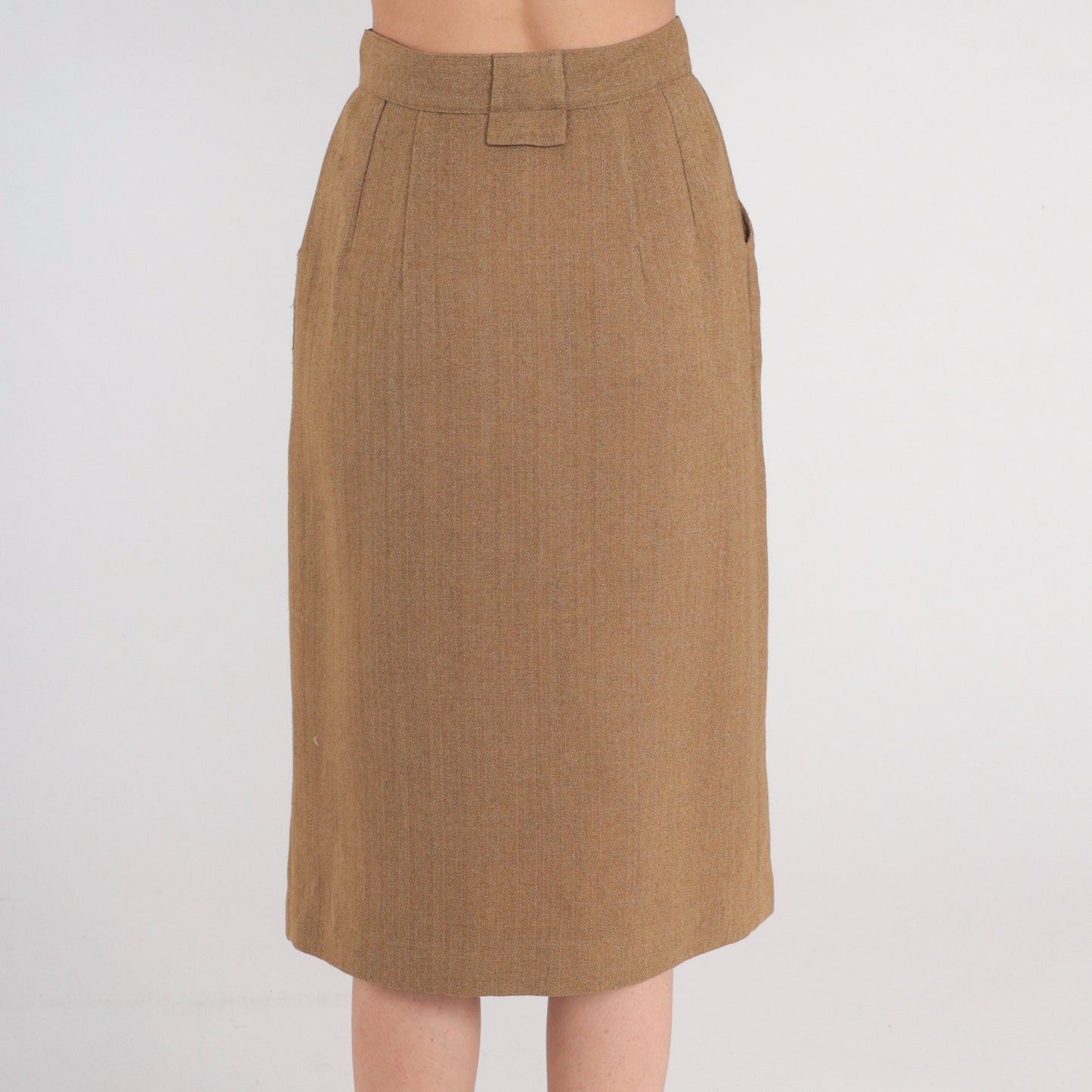 80s Brown Wool Midi Skirt High Waist Pleated Button Front Pockets Extra Small