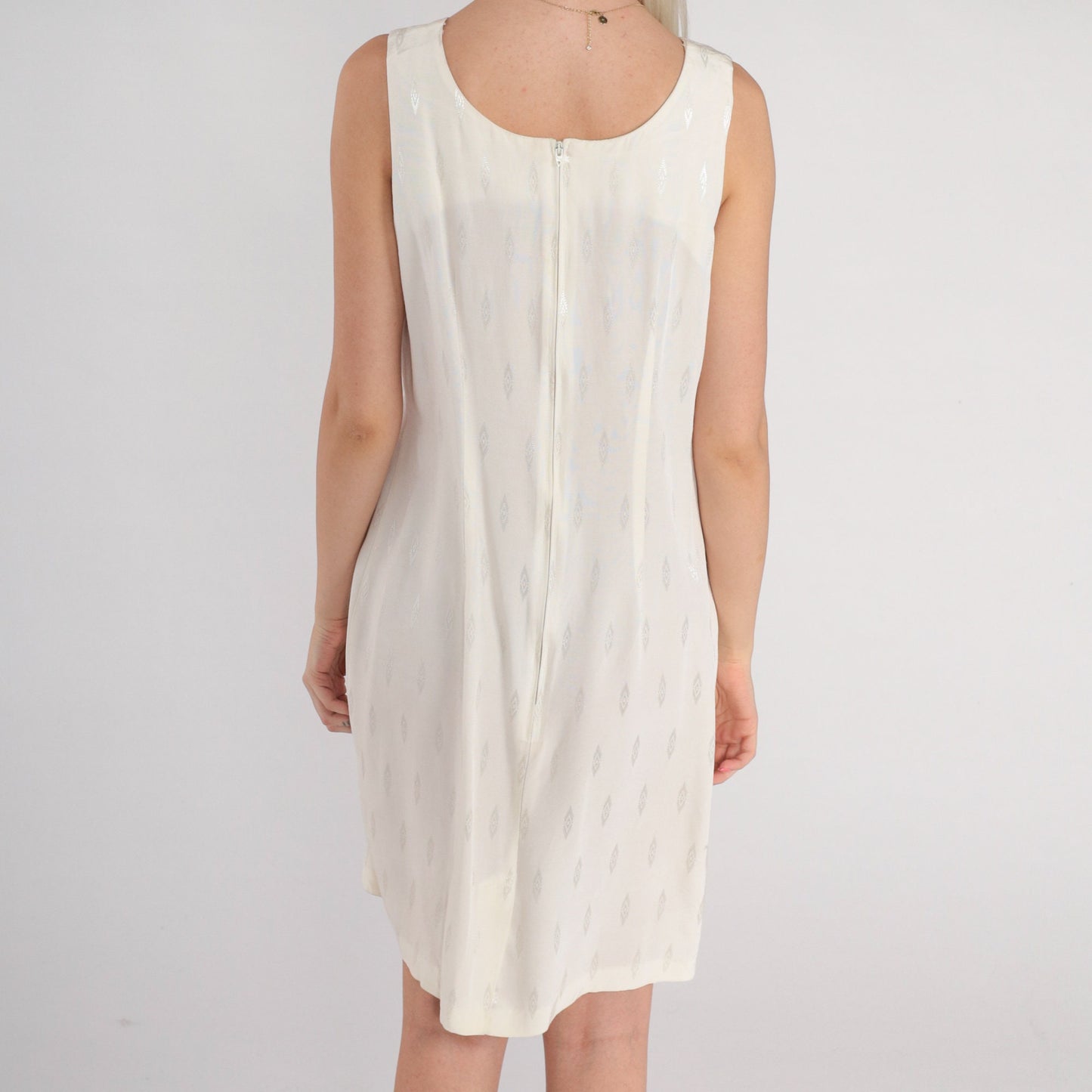 90s White Semi-Sheer Mini Shift Dress Embossed Diamond Print Sleeveless Medium M