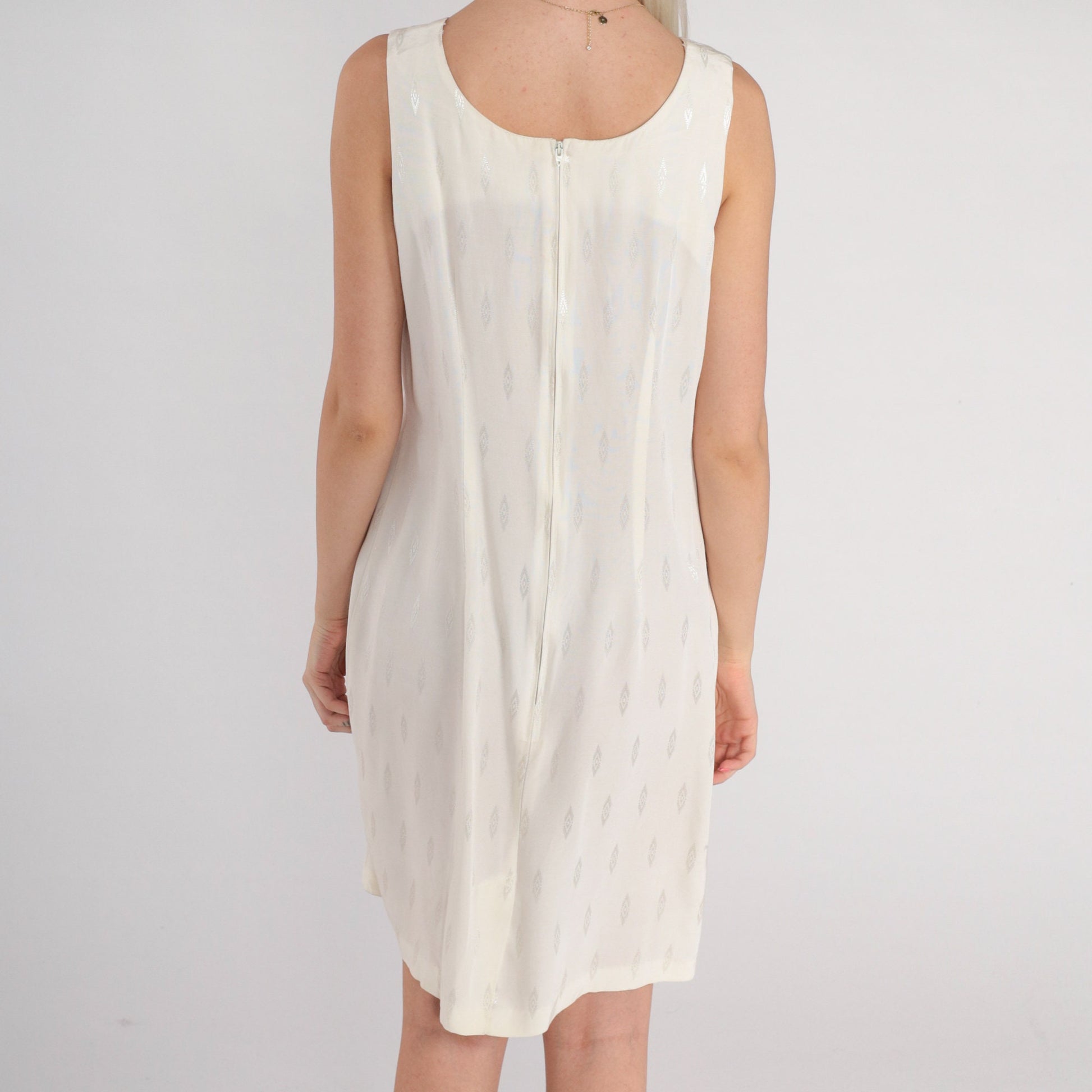 90s White Semi-Sheer Mini Shift Dress Embossed Diamond Print Sleeveless Medium M