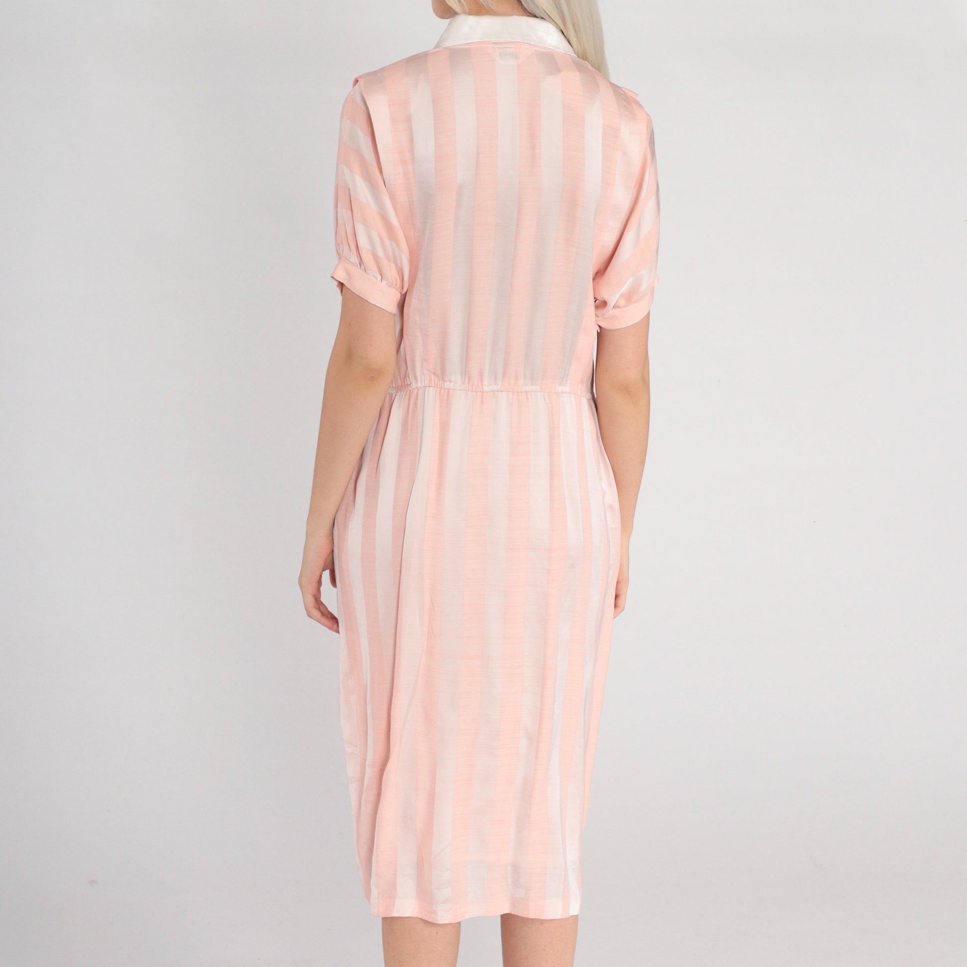 80s Pink White Striped Silk Midi Dress Collared Button-Up Short Sleeve Medium