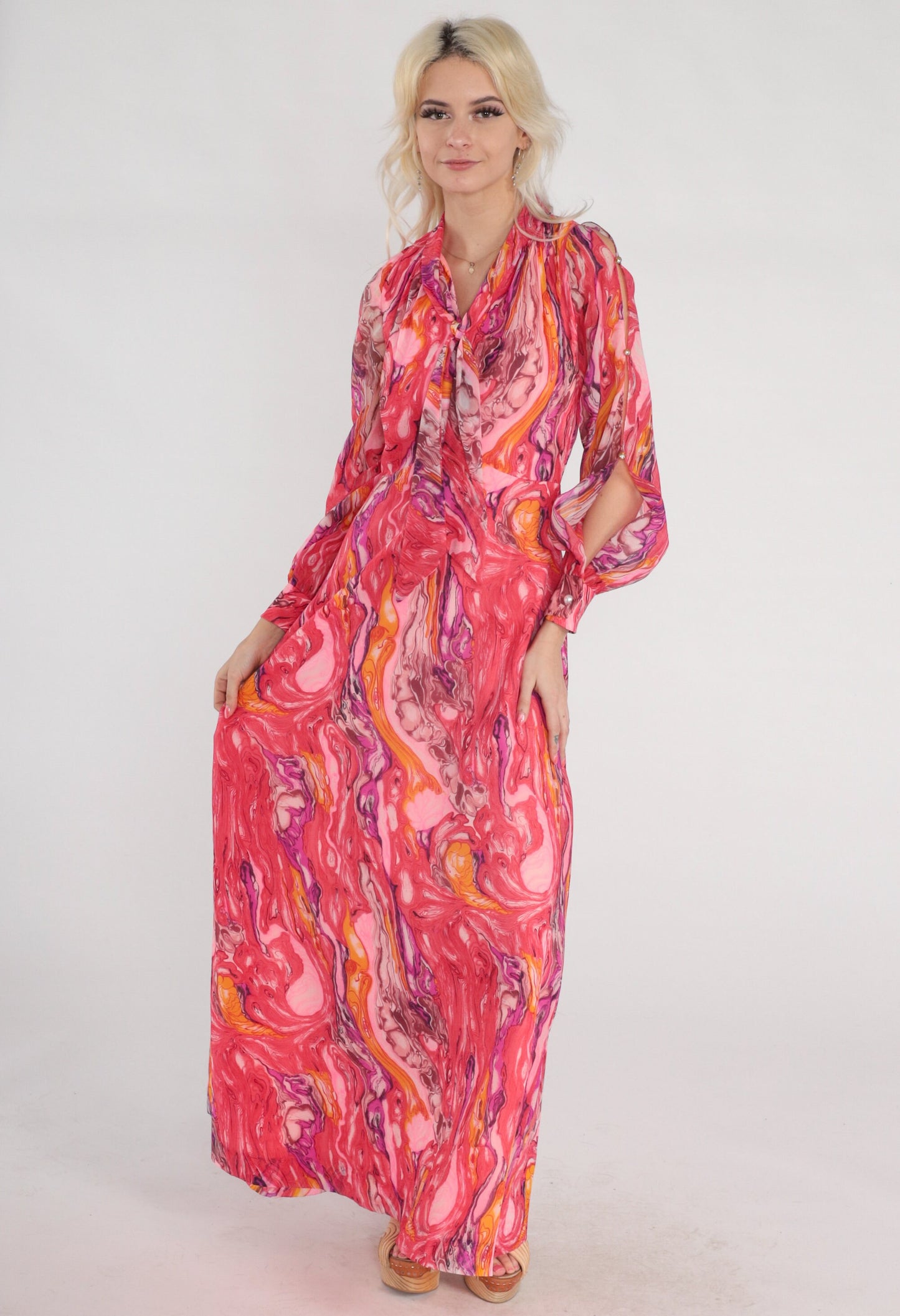 70s Psychedelic Marble Print Maxi Dress Pink Orange Purple Keyhole Tie Neck Small