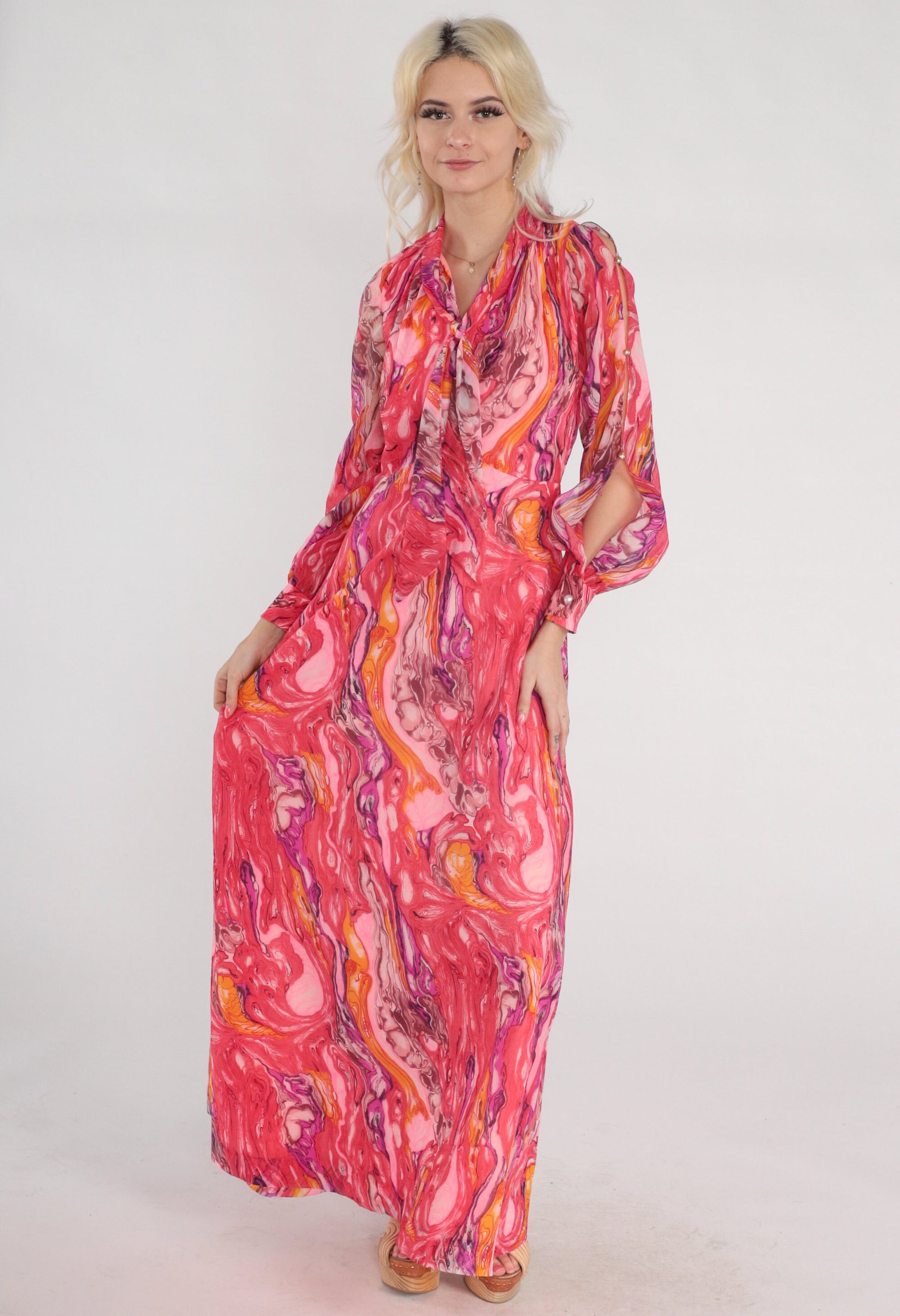 70s Psychedelic Marble Print Maxi Dress Pink Orange Purple Keyhole Tie Neck Small