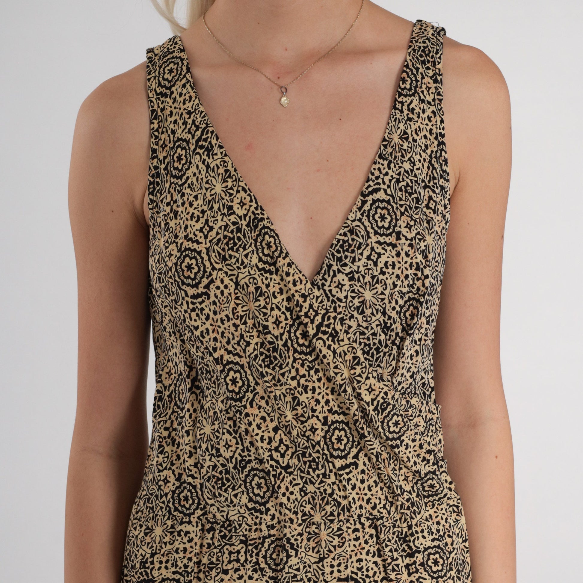 90s Abstract Geometric Print V-Neck Wrap Minidress Beige Black Sleeveless Medium M