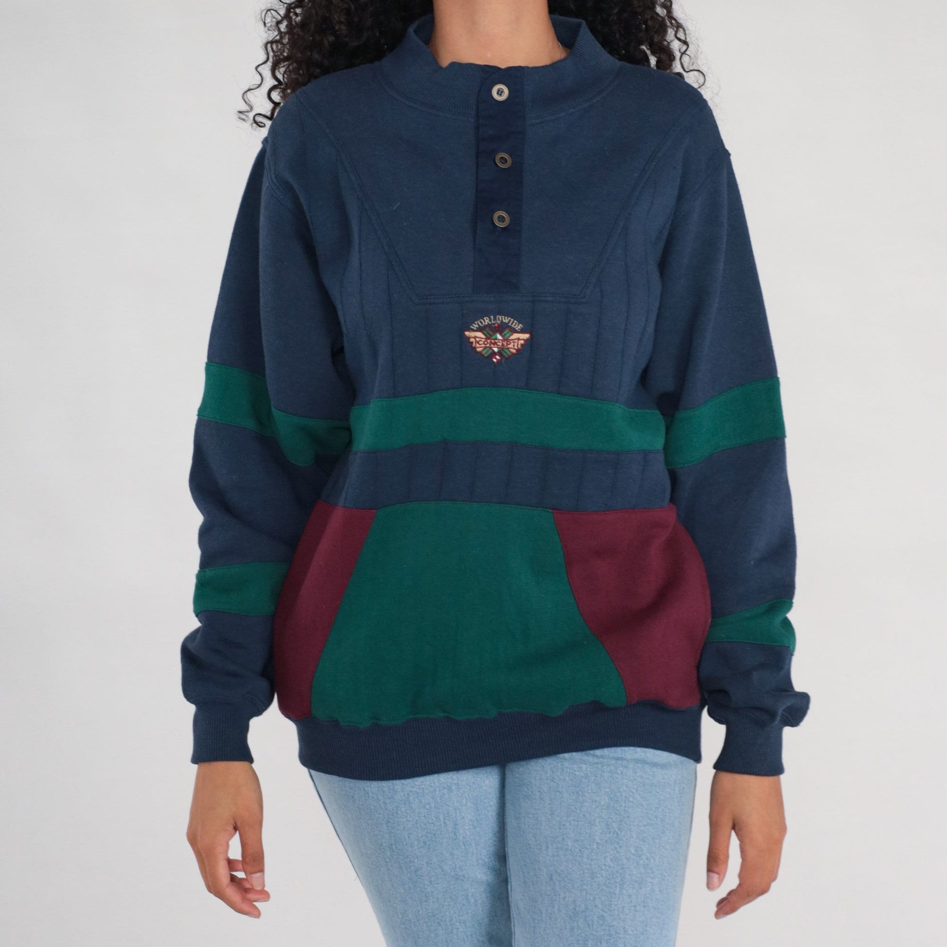 90s Saugatuck Dry Goods Color Block Sweatshirt Navy Green Striped Small