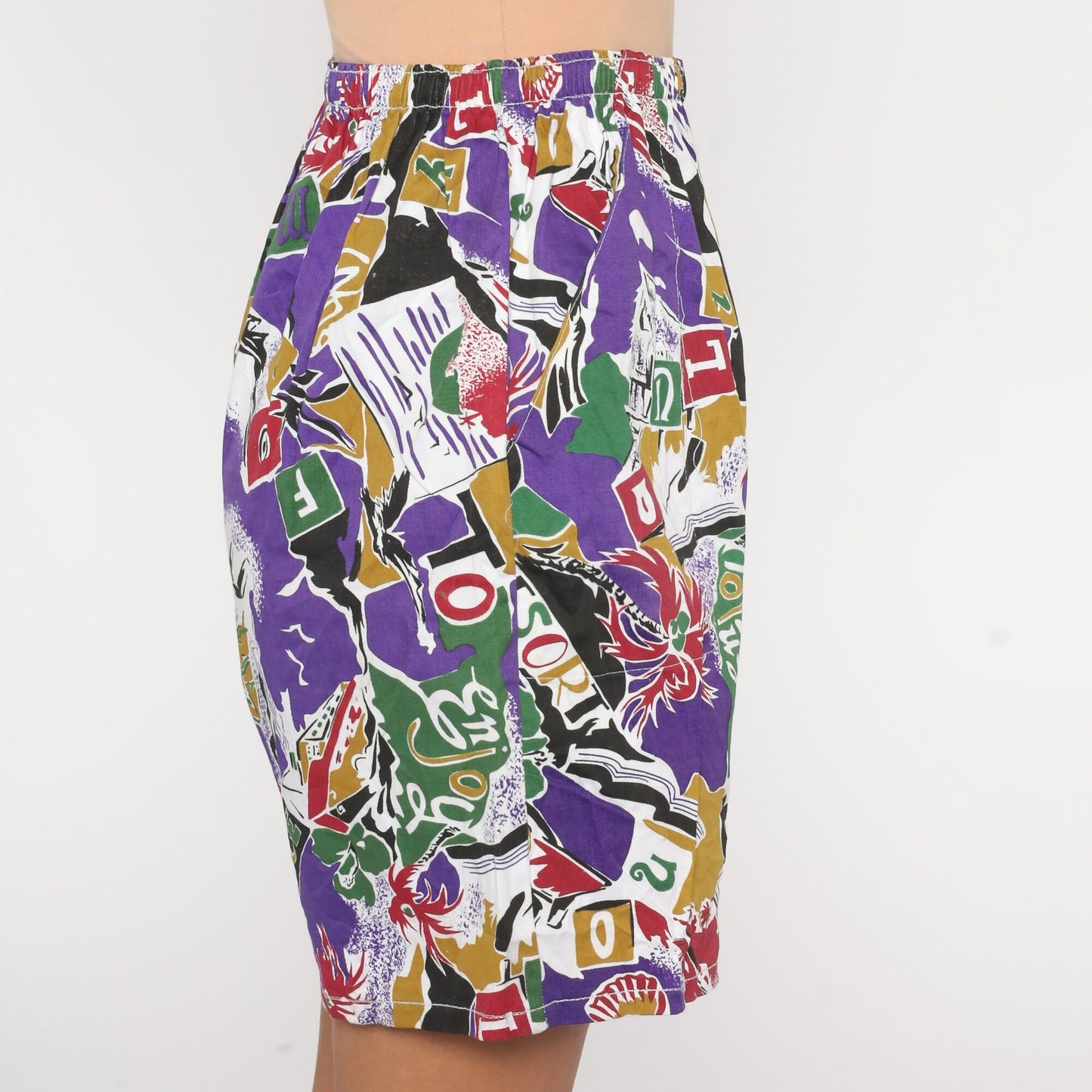 80s Tropical Print Shorts Purple High-Waist Elastic Waist Small Medium