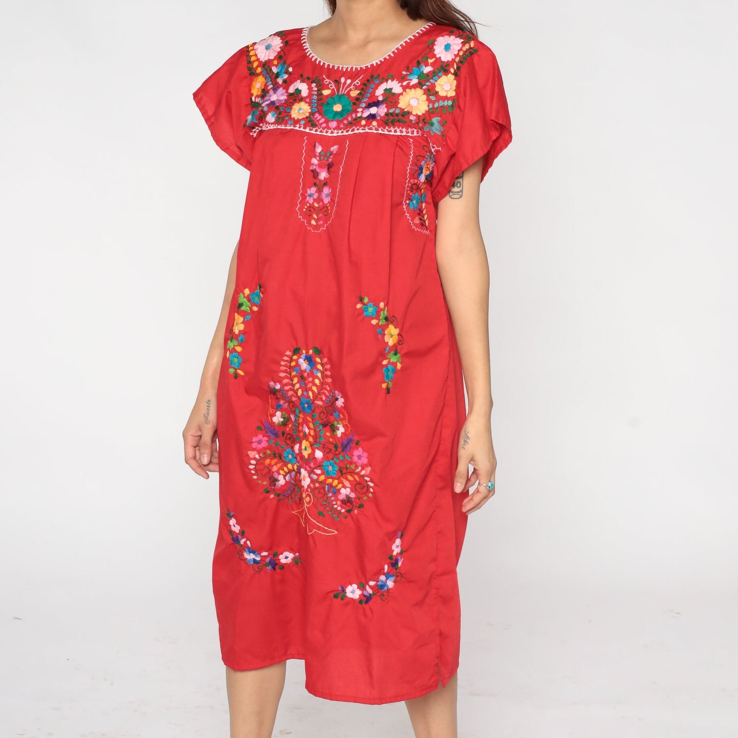 90s Mexican Embroidered Floral Midi Dress Red Cotton Small S