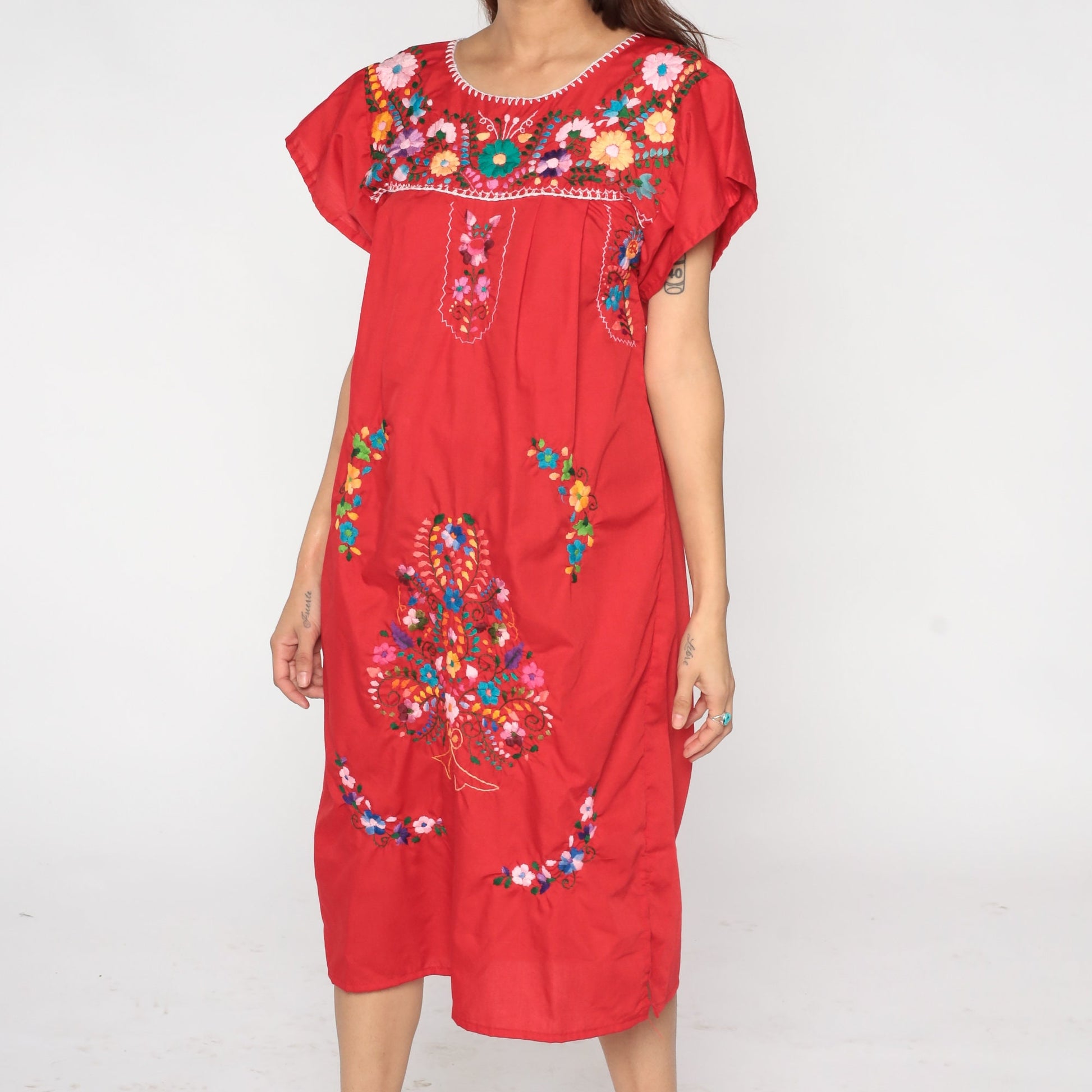 90s Mexican Embroidered Floral Midi Dress Red Cotton Small S