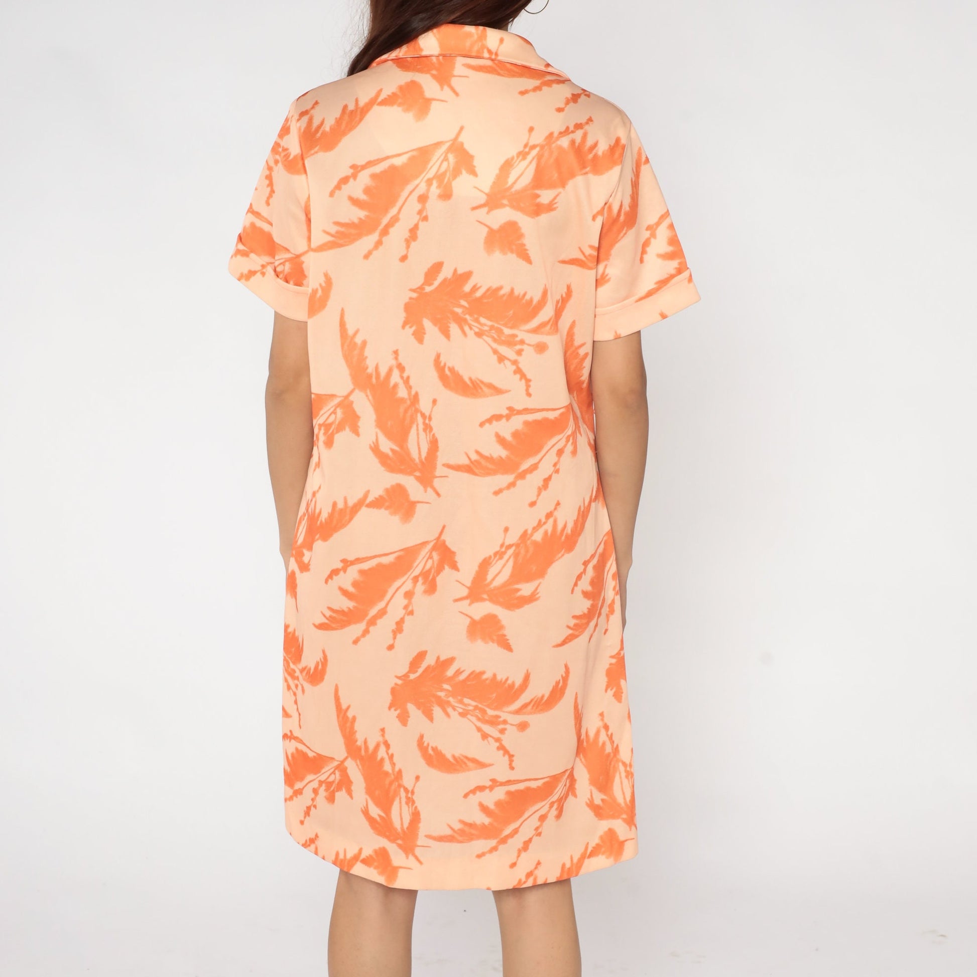 60s Orange Floral Shift Dress Feather Print Zip Front Knee Length XL