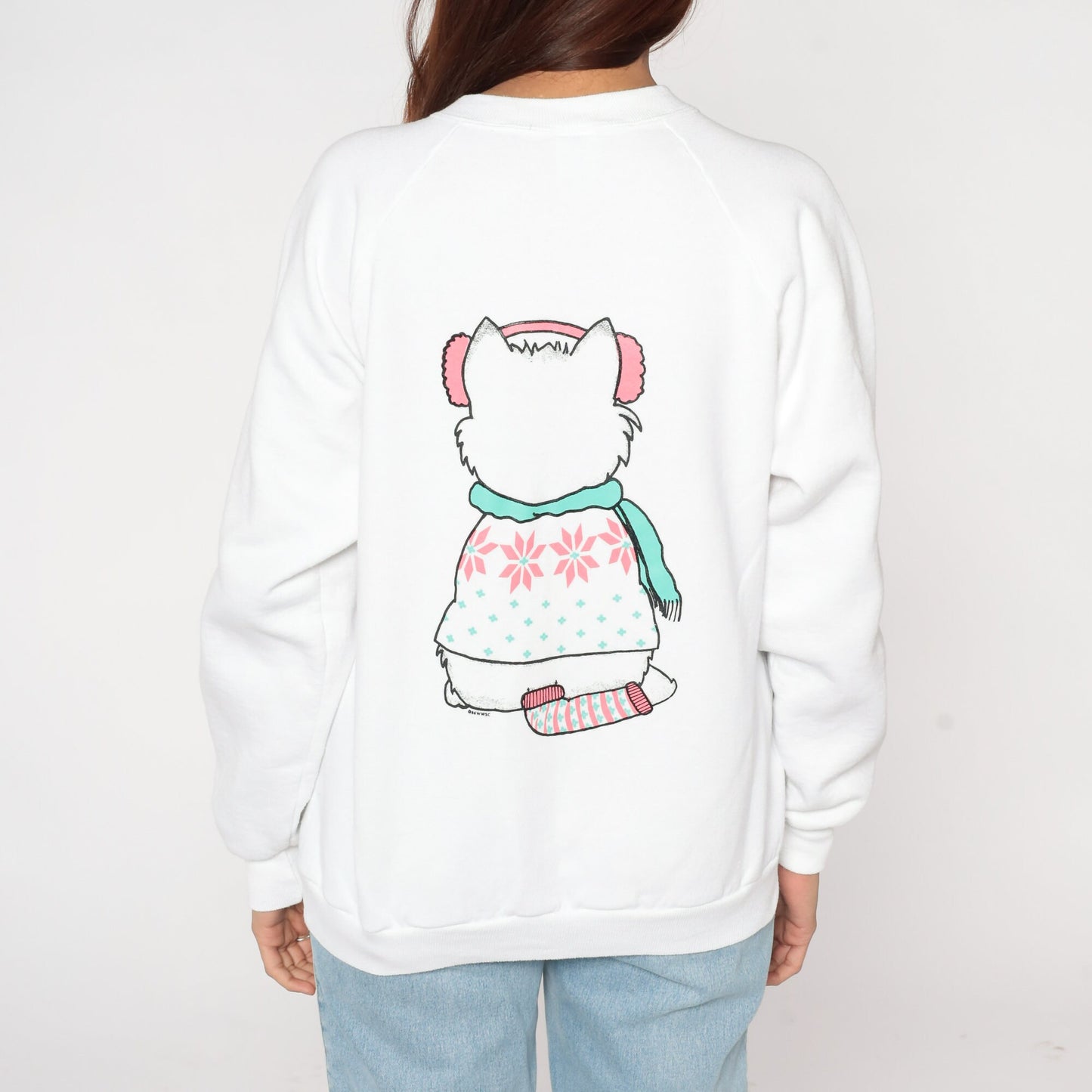 90s Winter Cat Front Back Print Sweatshirt White Jerzees Raglan Large L