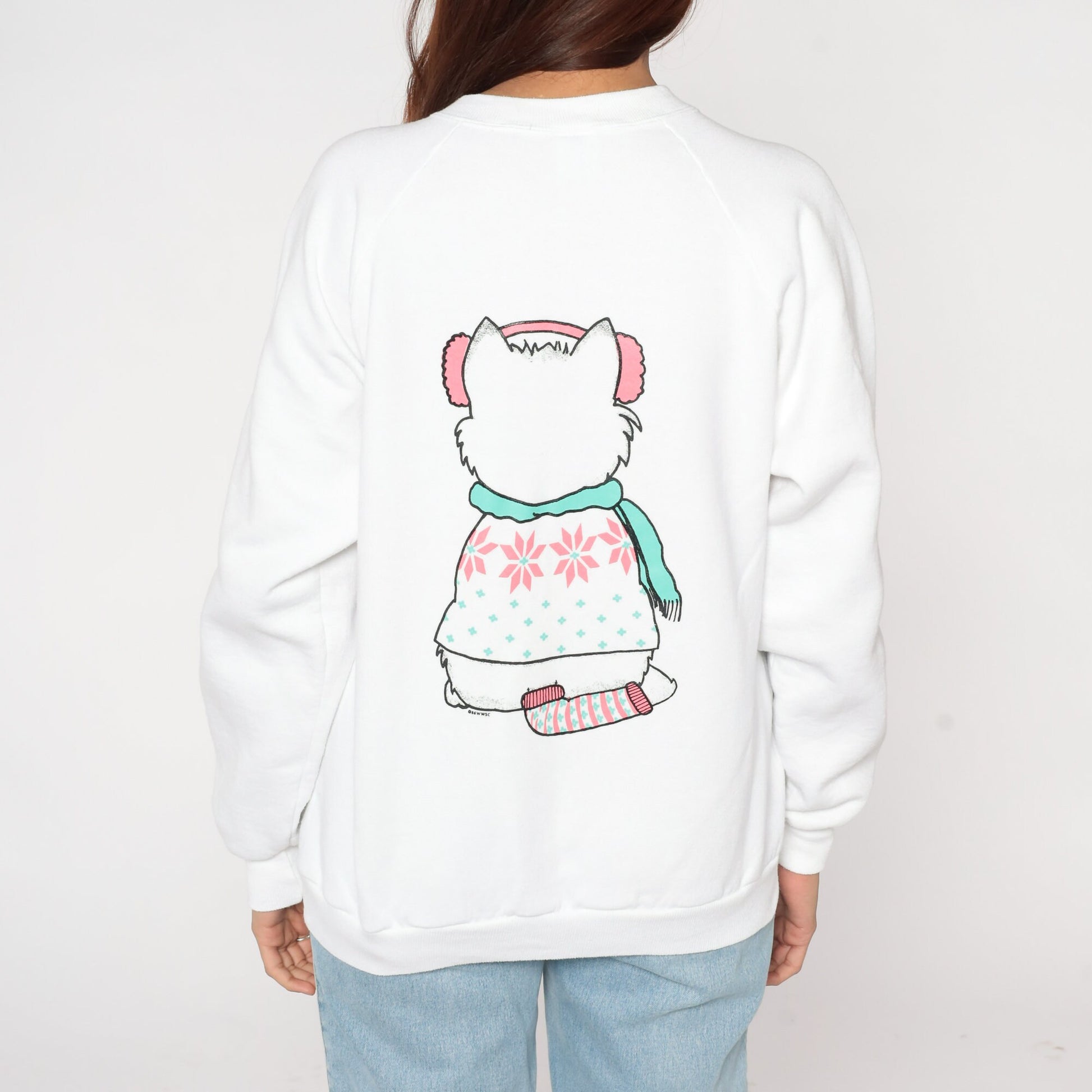 90s Winter Cat Front Back Print Sweatshirt White Jerzees Raglan Large L