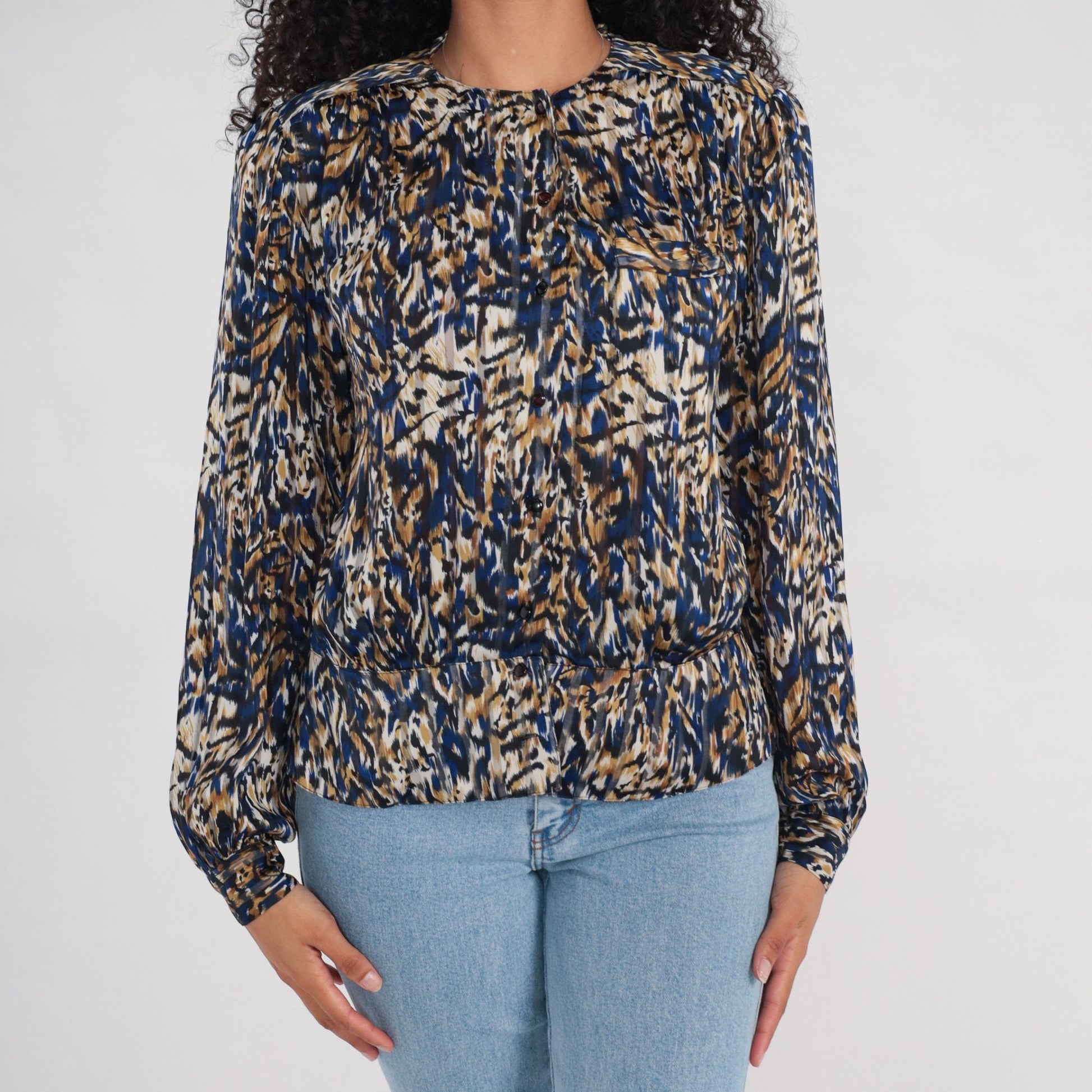 90s Leopard Abstract Animal Print Button-Up Blouse Long Sleeve Extra Large
