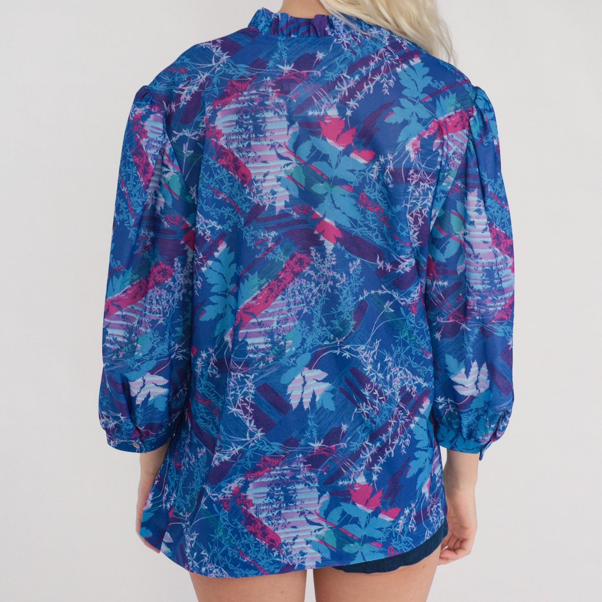 70s Floral Leaf Print Blouse Blue Purple Pink 3/4 Sleeve Ruffle Top Extra Large