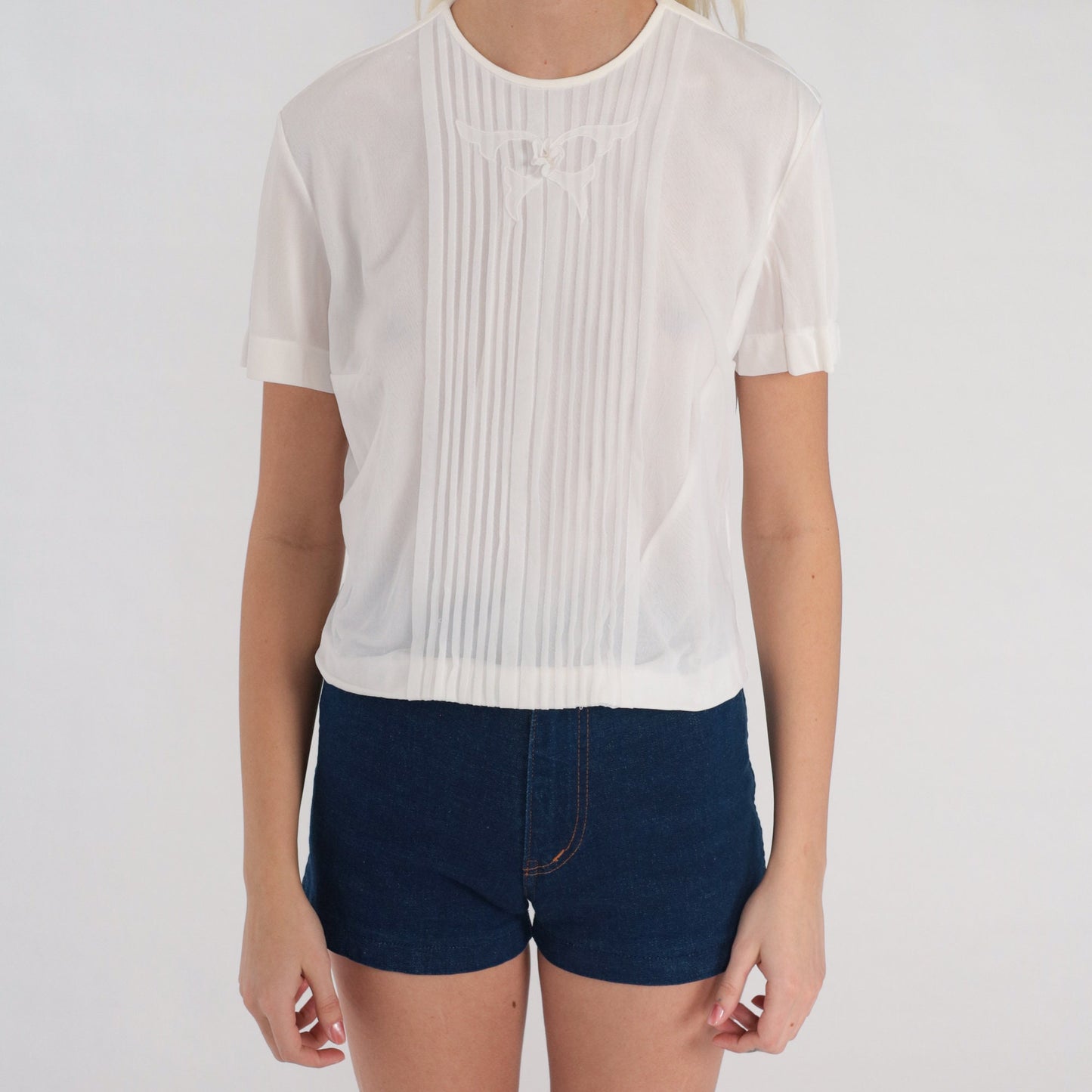 60s White Nylon Blouse Pleated Butterfly Rosette Short Sleeve Button Back Medium