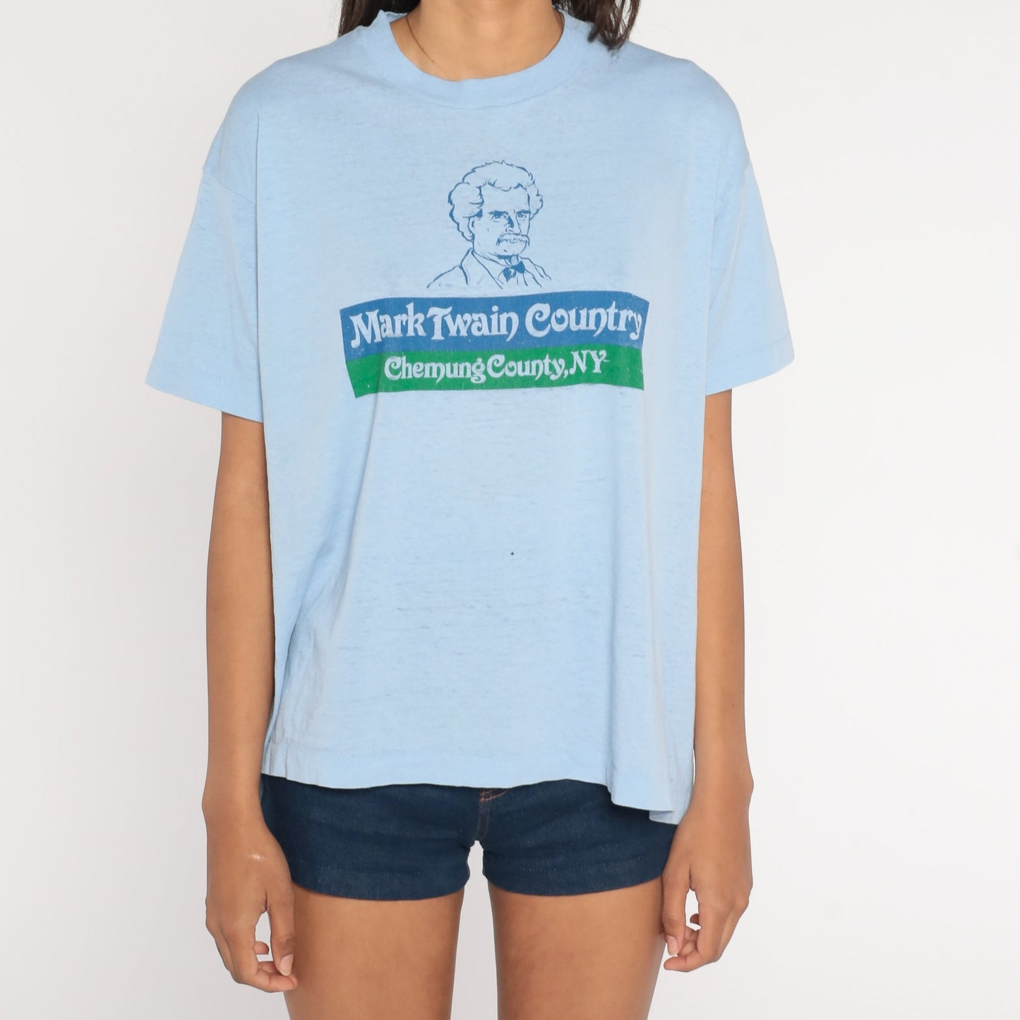 80s Mark Twain Country Chemung County NY Graphic T-Shirt Blue Burnout Extra Large