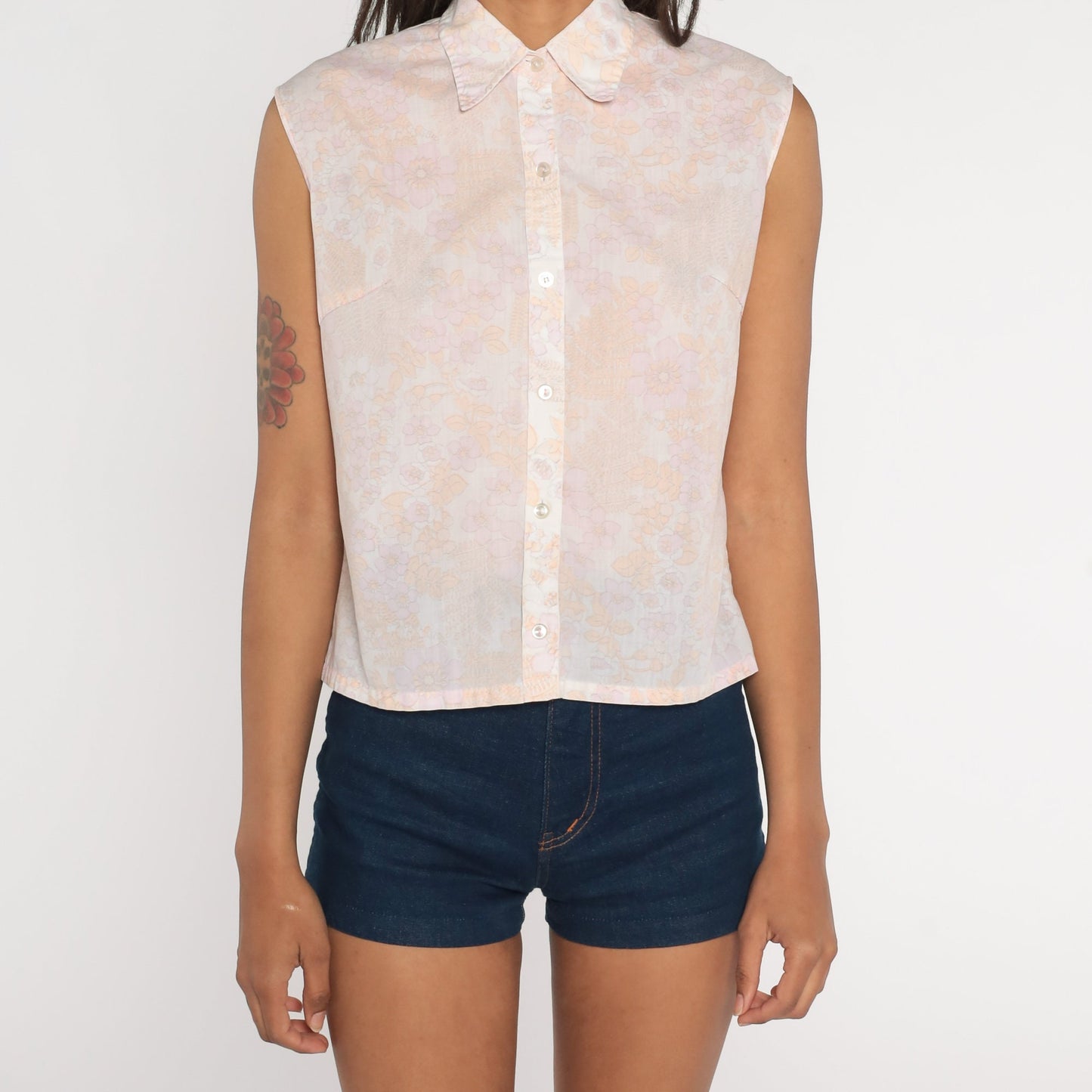 70s Floral Tank Top White Lavender Button-Up Sleeveless Blouse Small
