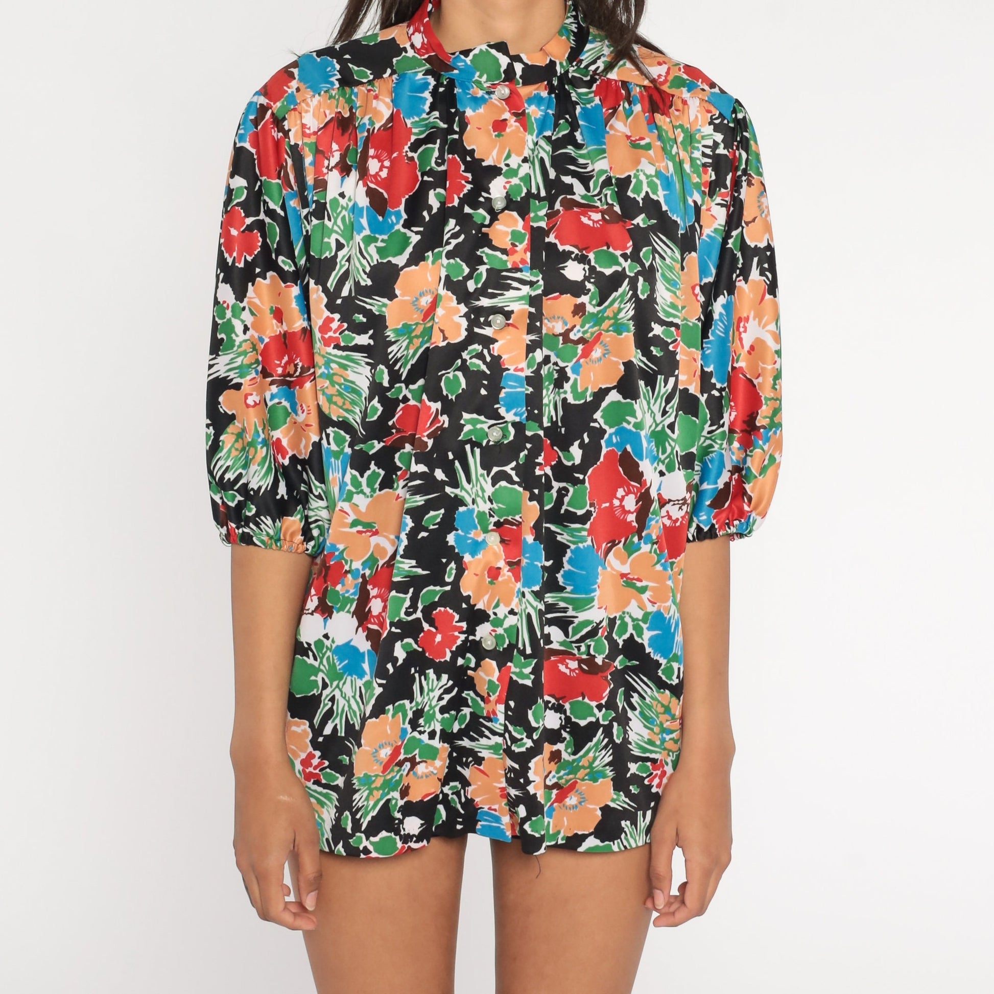 70s Floral Button-Up Blouse Black Multicolored Flower Print 3/4 Sleeve Extra Large