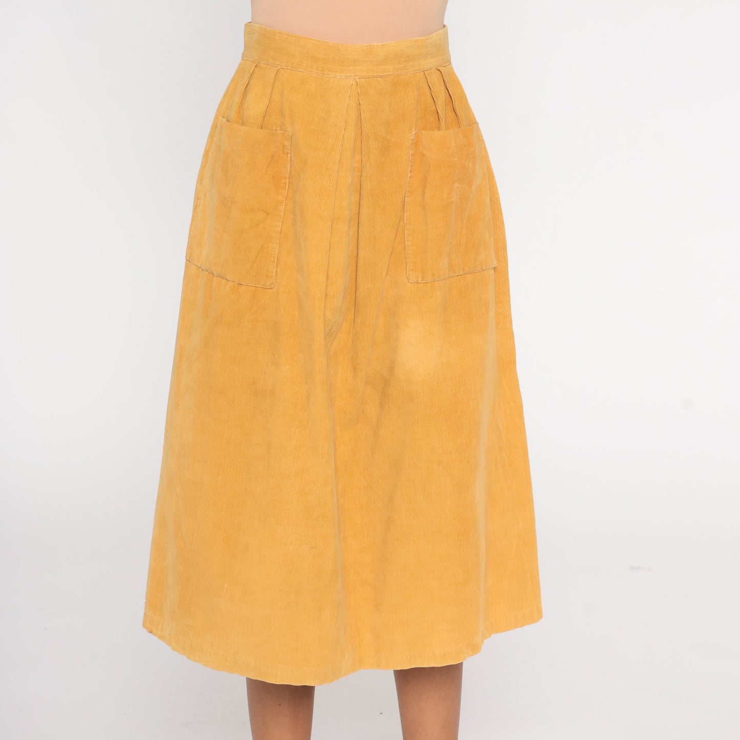 80s Mustard Yellow Corduroy Midi Skirt High Waist Pockets Extra Small