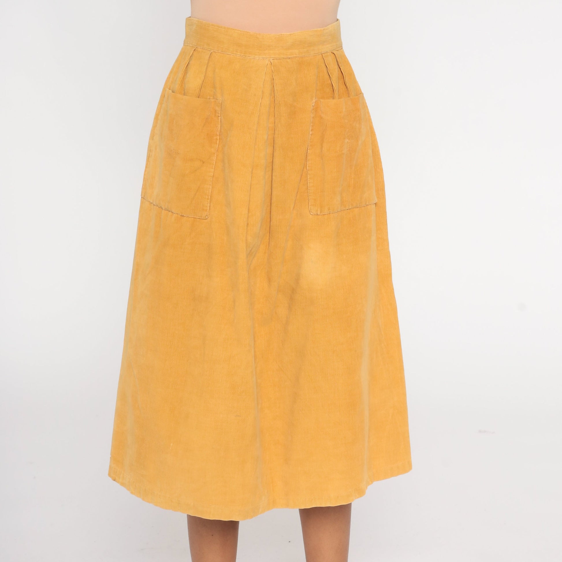 80s Mustard Yellow Corduroy Midi Skirt High Waist Pockets Extra Small