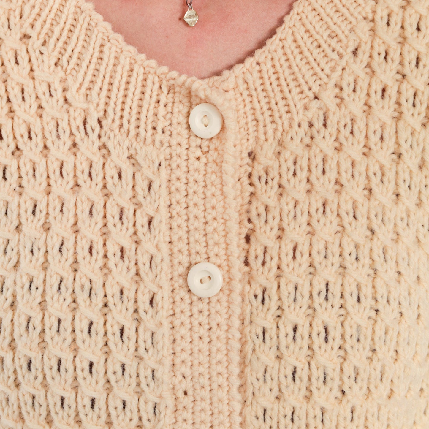 60s Cream Open Weave Cardigan Chunky Knit Button-Up Sweater Medium M