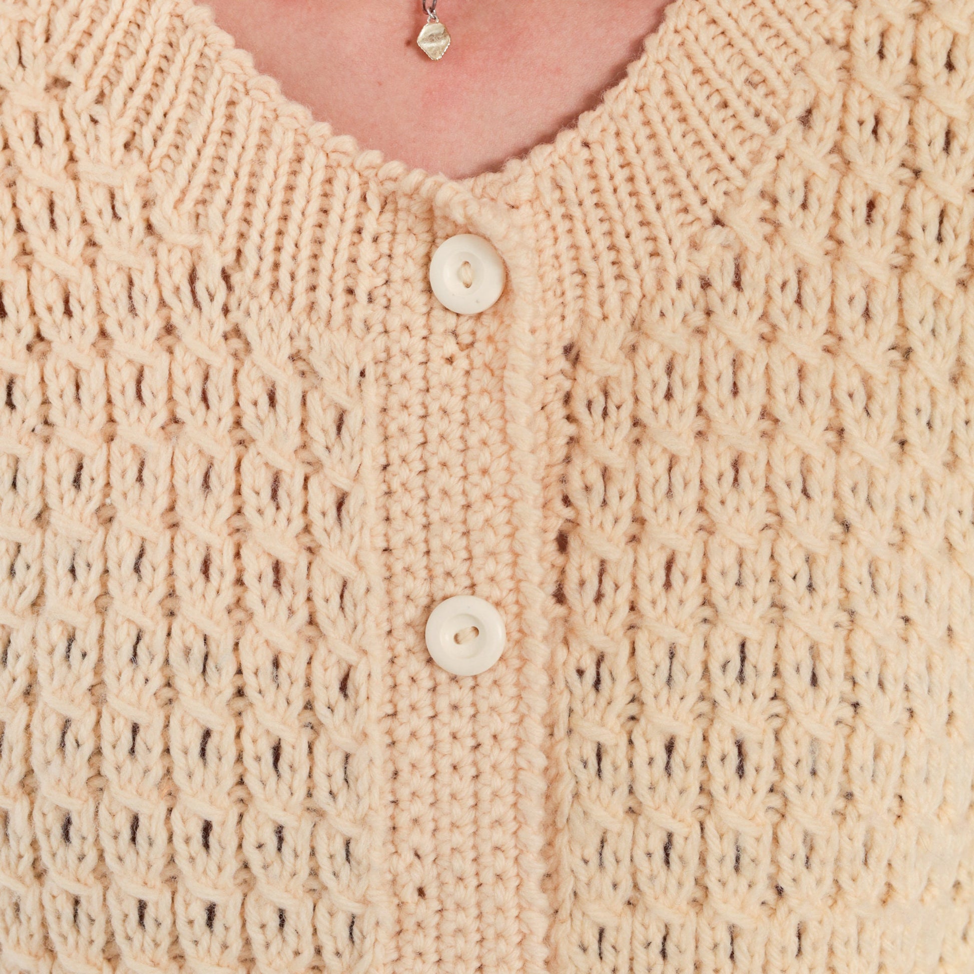 60s Cream Open Weave Cardigan Chunky Knit Button-Up Sweater Medium M
