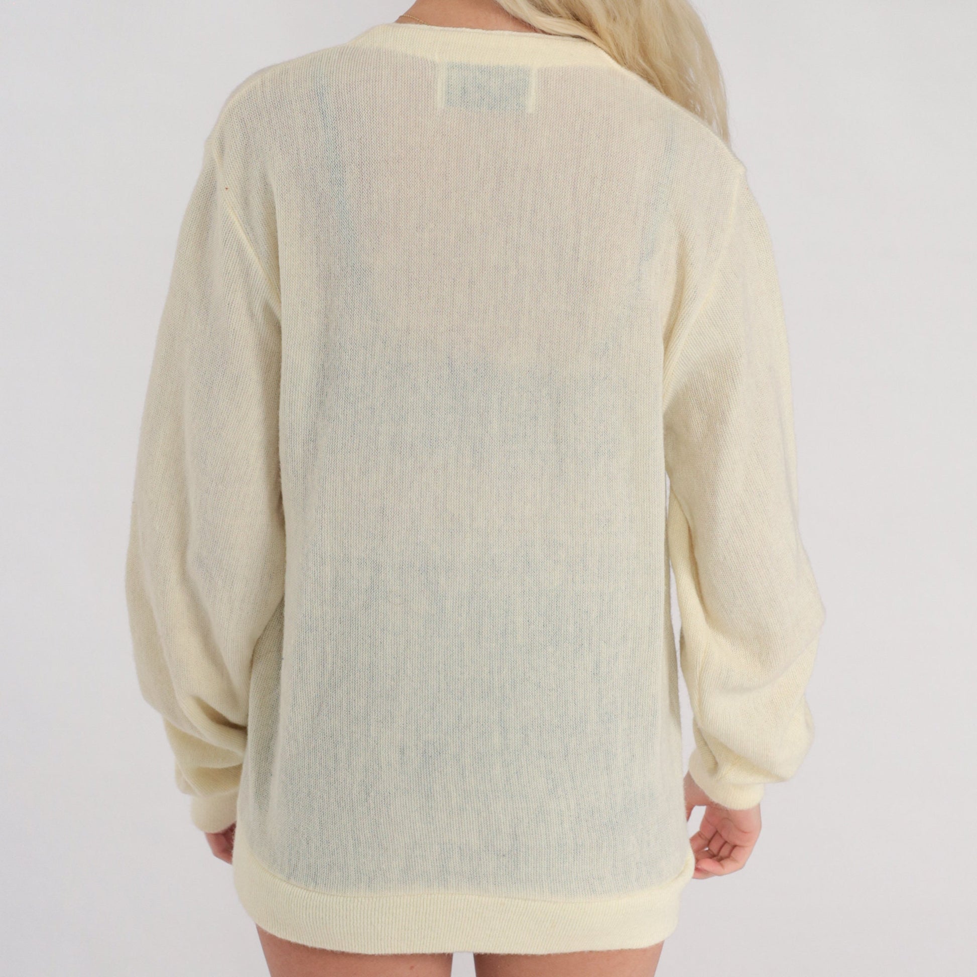80s Cream Cardigan Semi Sheer Button Up Knit Sweater Medium