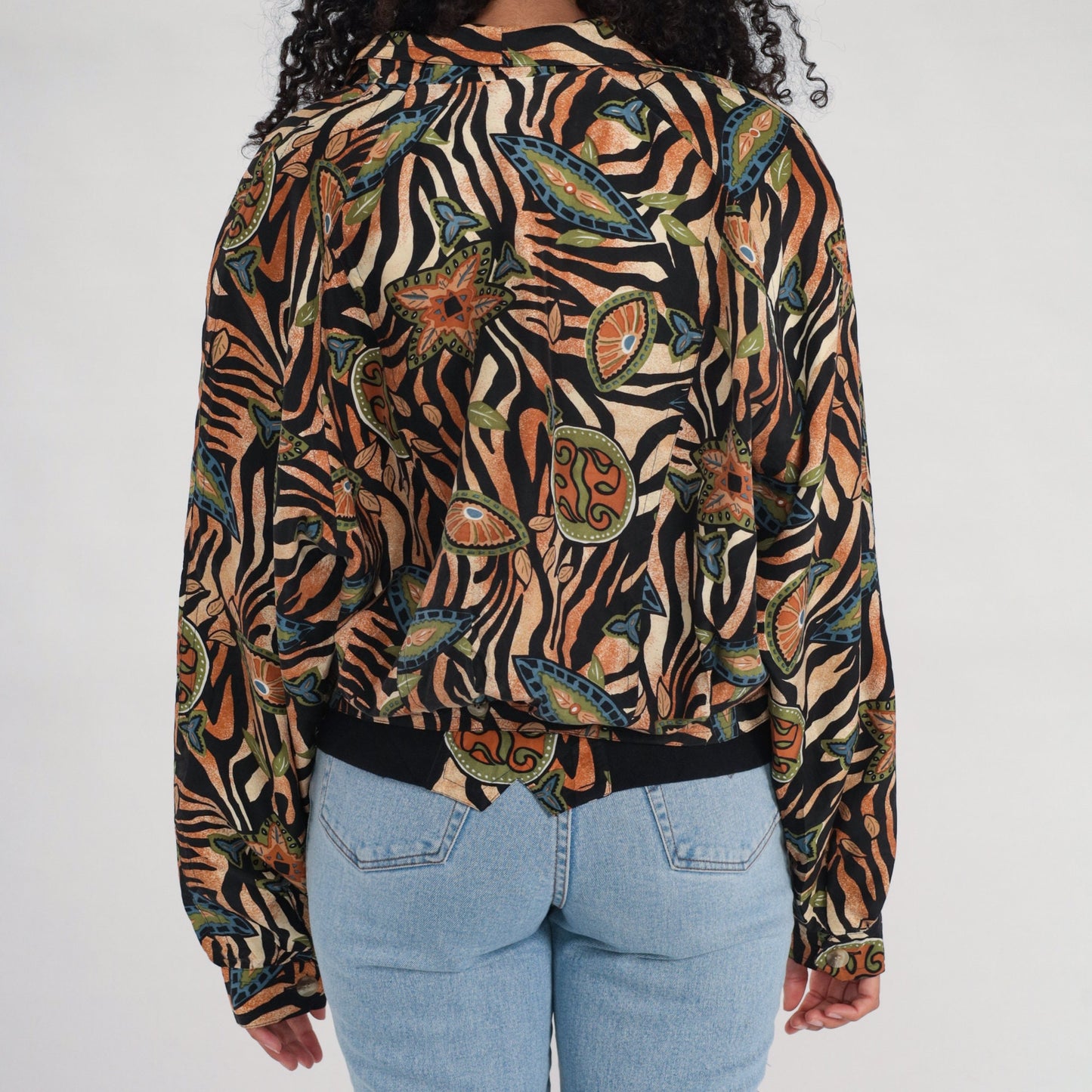 00s Silk Tiger Stripe Windbreaker Jacket Floral Deep V Black Burnt Orange Large