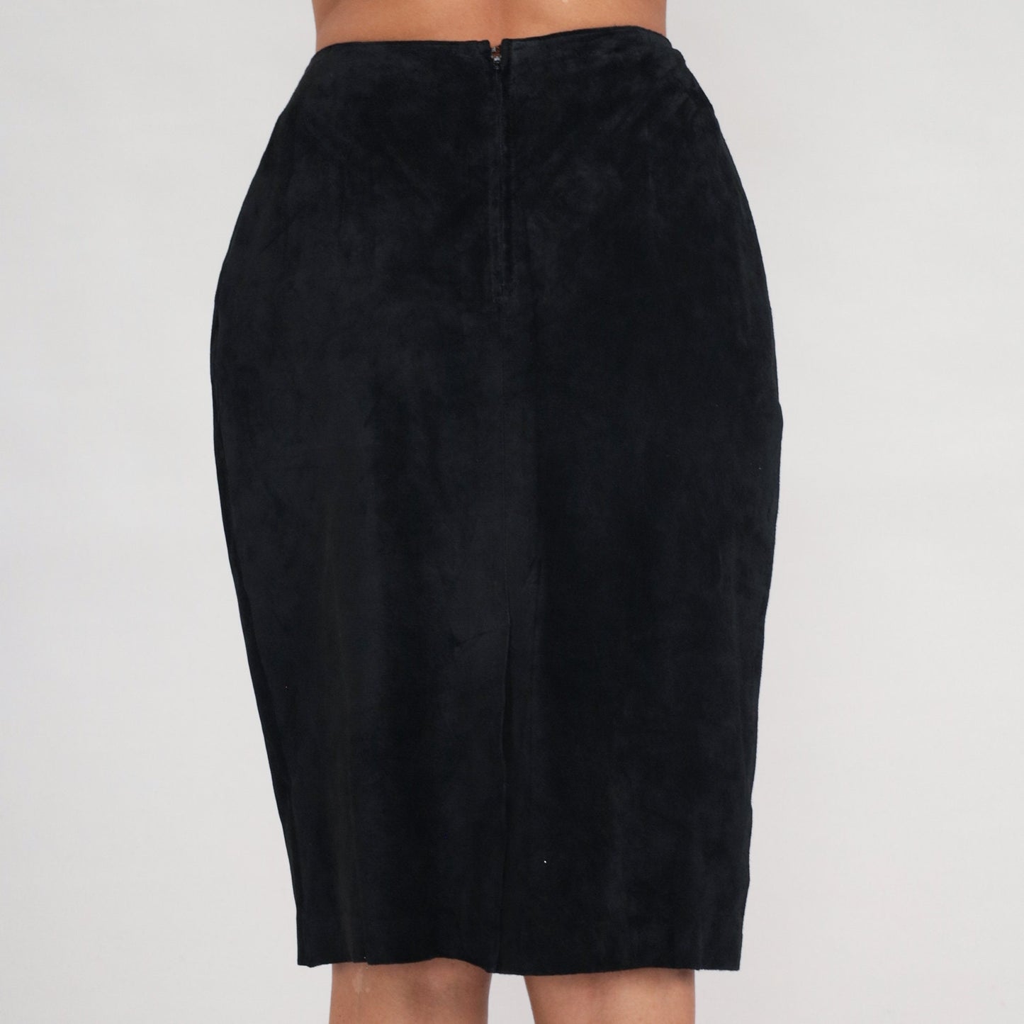 90s Black Suede Pencil Skirt Midi High Waist Pig Leather Small