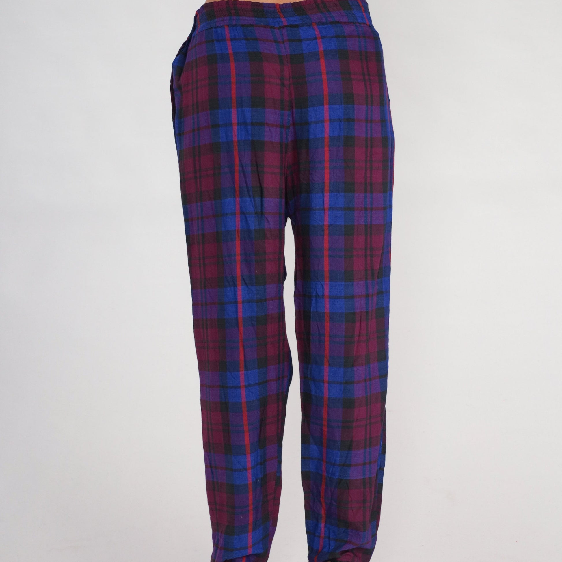 90s Plaid Tapered Trousers Purple Blue High Waisted Pleated Rayon Large