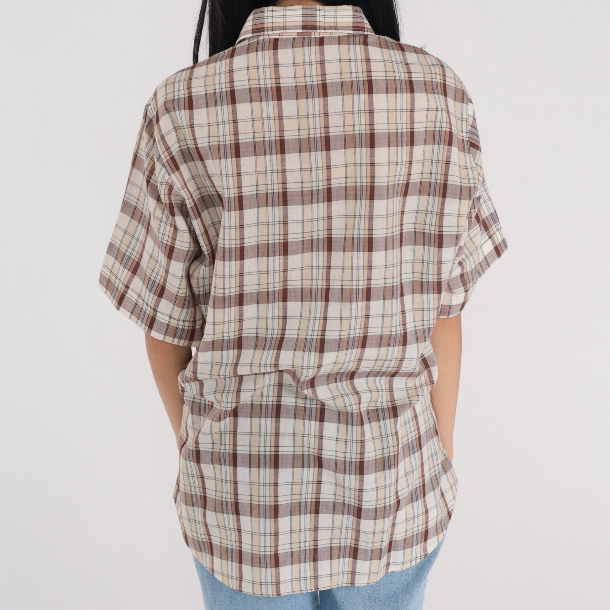 90s Levi's Plaid Button-Up Shirt Brown White Checkered Short Sleeve Men's Large