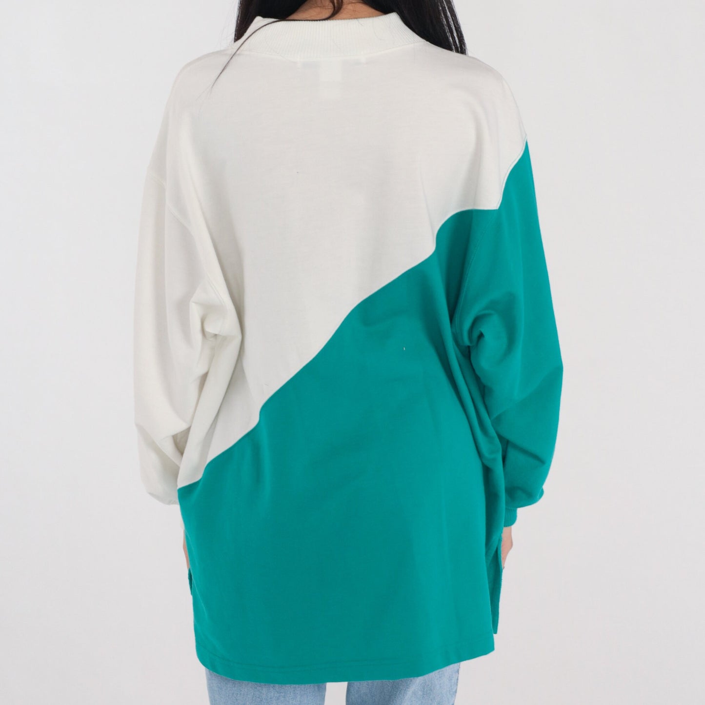 90s Floral Tile Print Color Block Long Sleeve Tee White Green Extra Large 1X