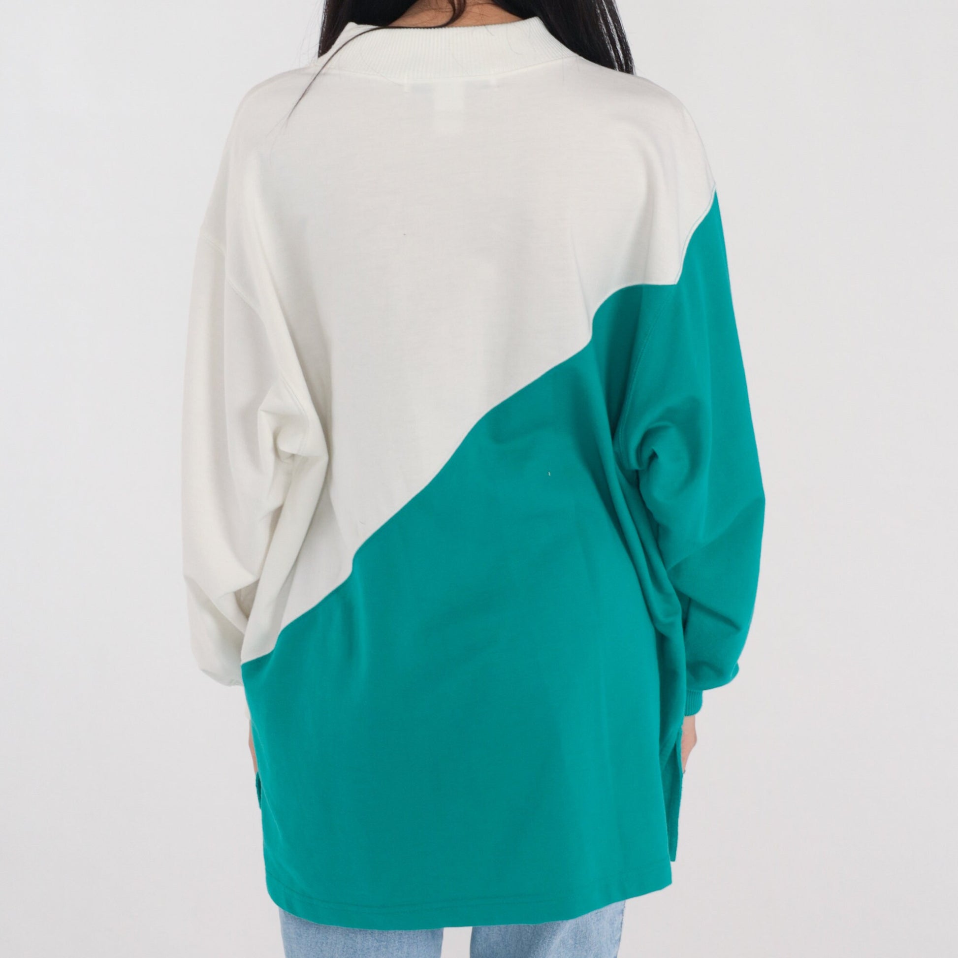 90s Floral Tile Print Color Block Long Sleeve Tee White Green Extra Large 1X