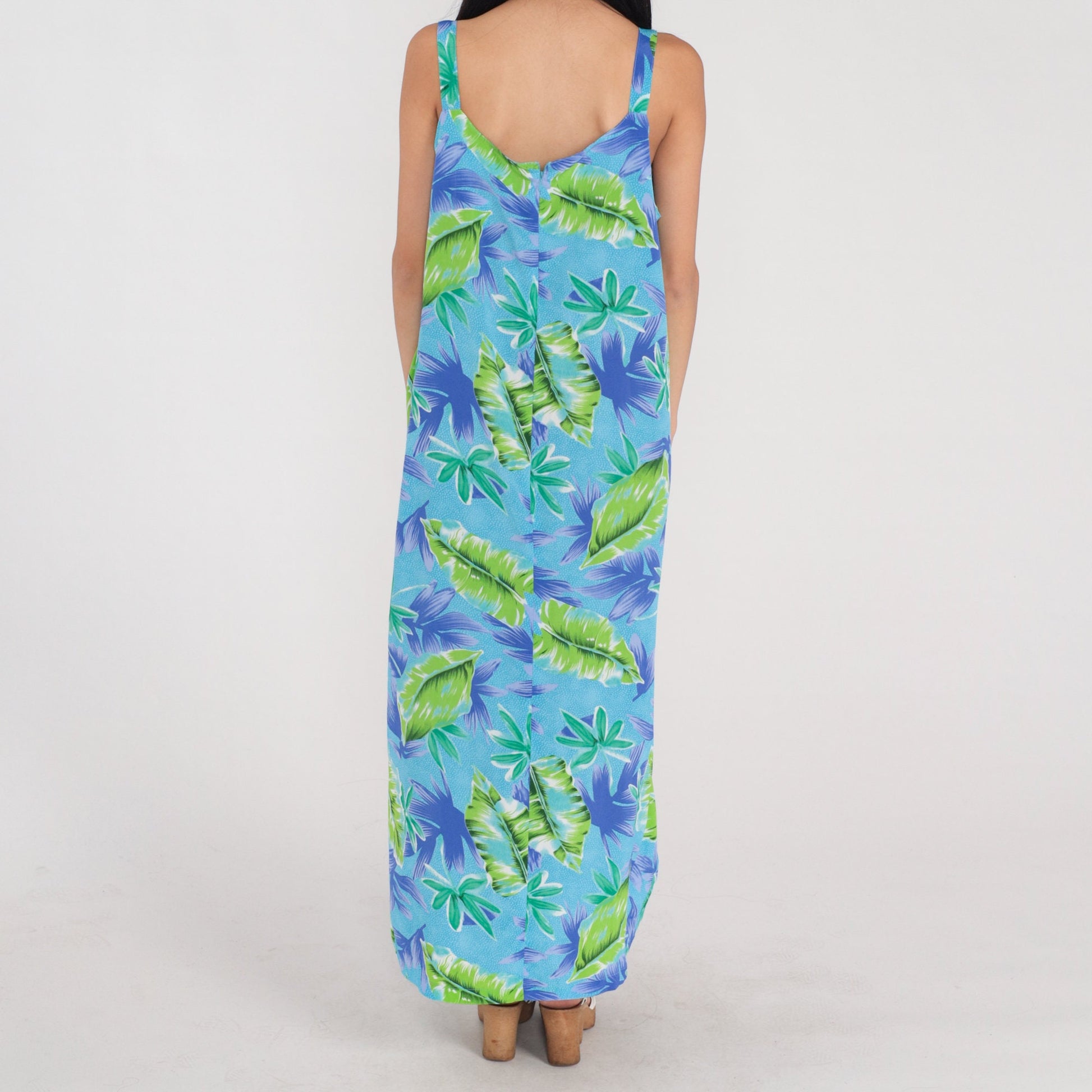 90s Hawaiian Maxi Dress Tropical Leaf Print Blue Green Purple Sleeveless XXL