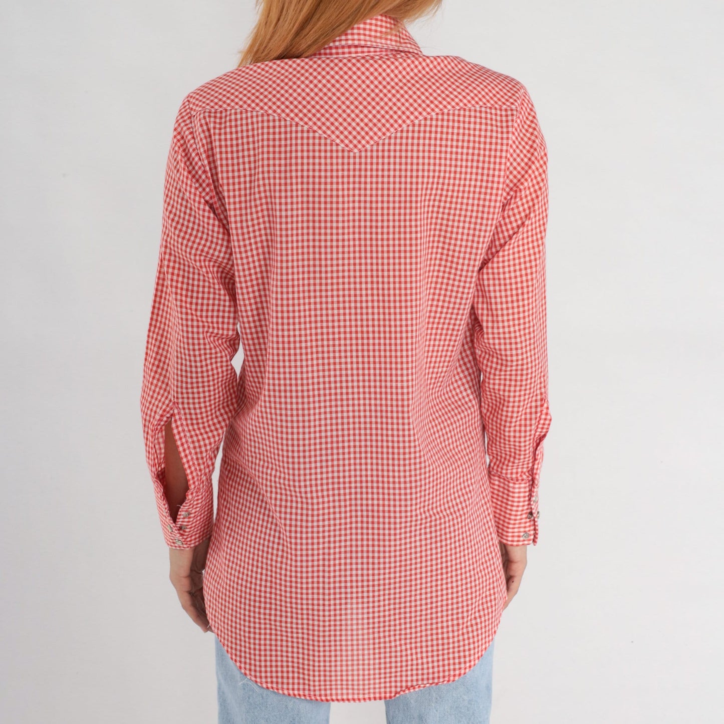 70s Lee Red Gingham Pearl Snap Western Shirt Plaid Cotton Blend Small