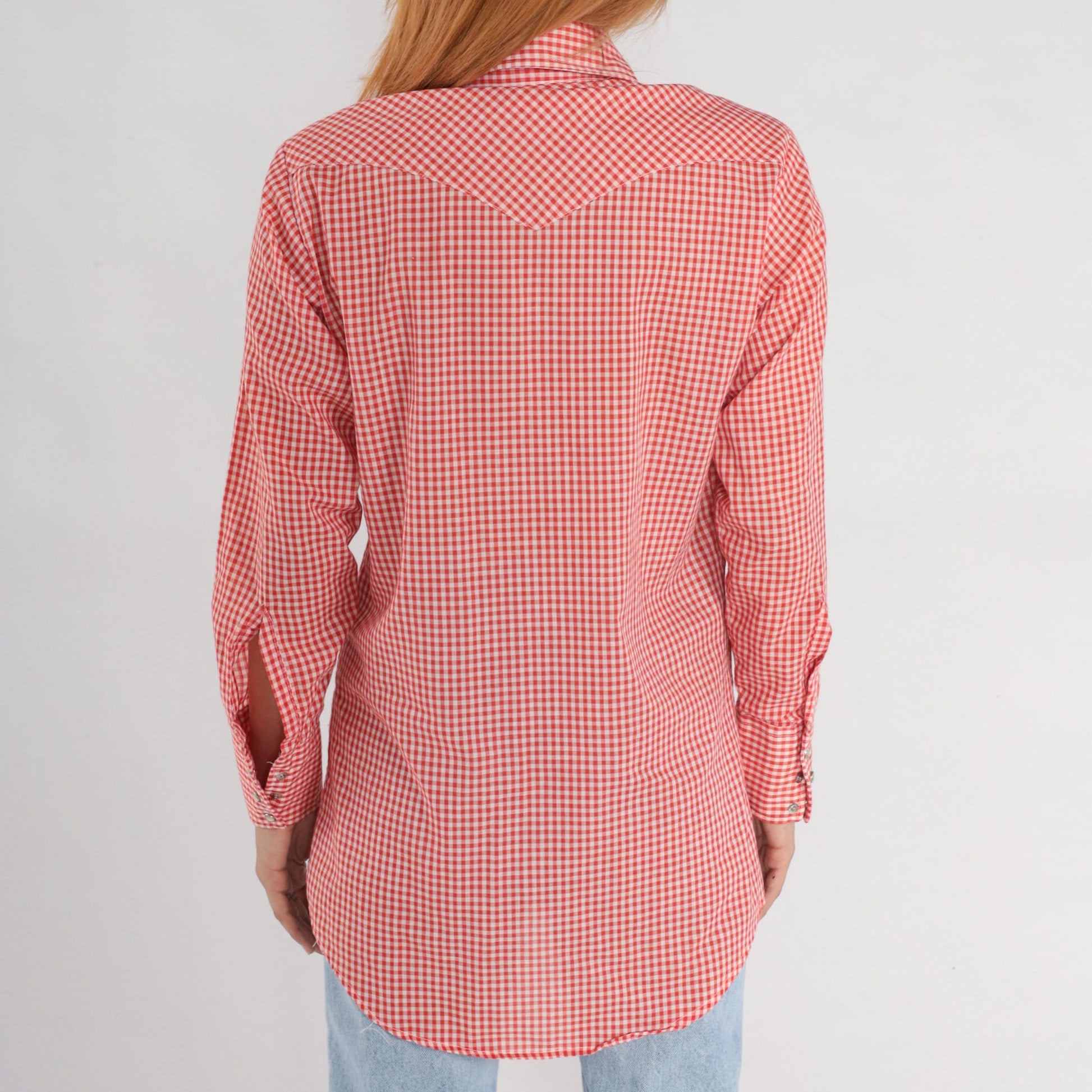 70s Lee Red Gingham Pearl Snap Western Shirt Plaid Cotton Blend Small