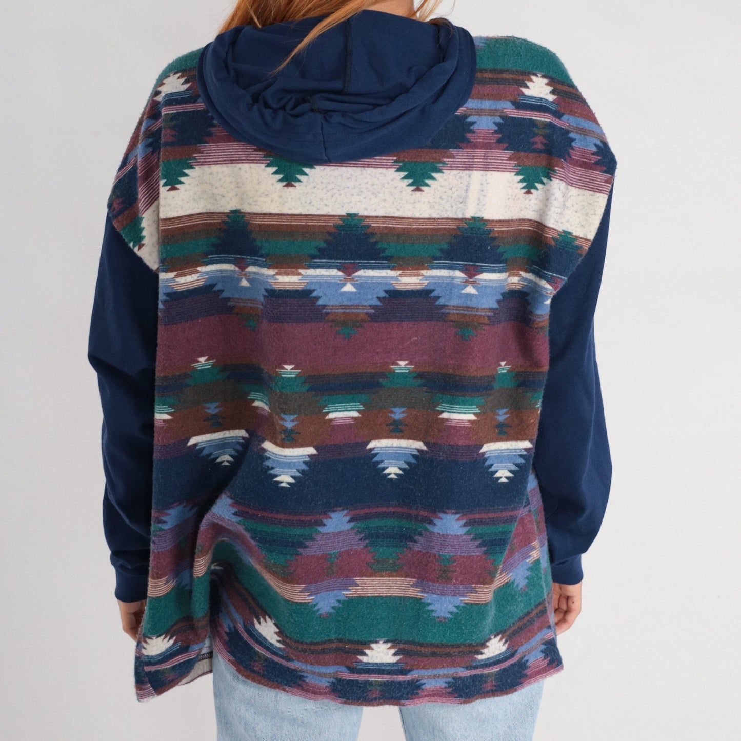 90s Southwestern Aztec Hooded Fleece Tee Dark Blue Cotton Large