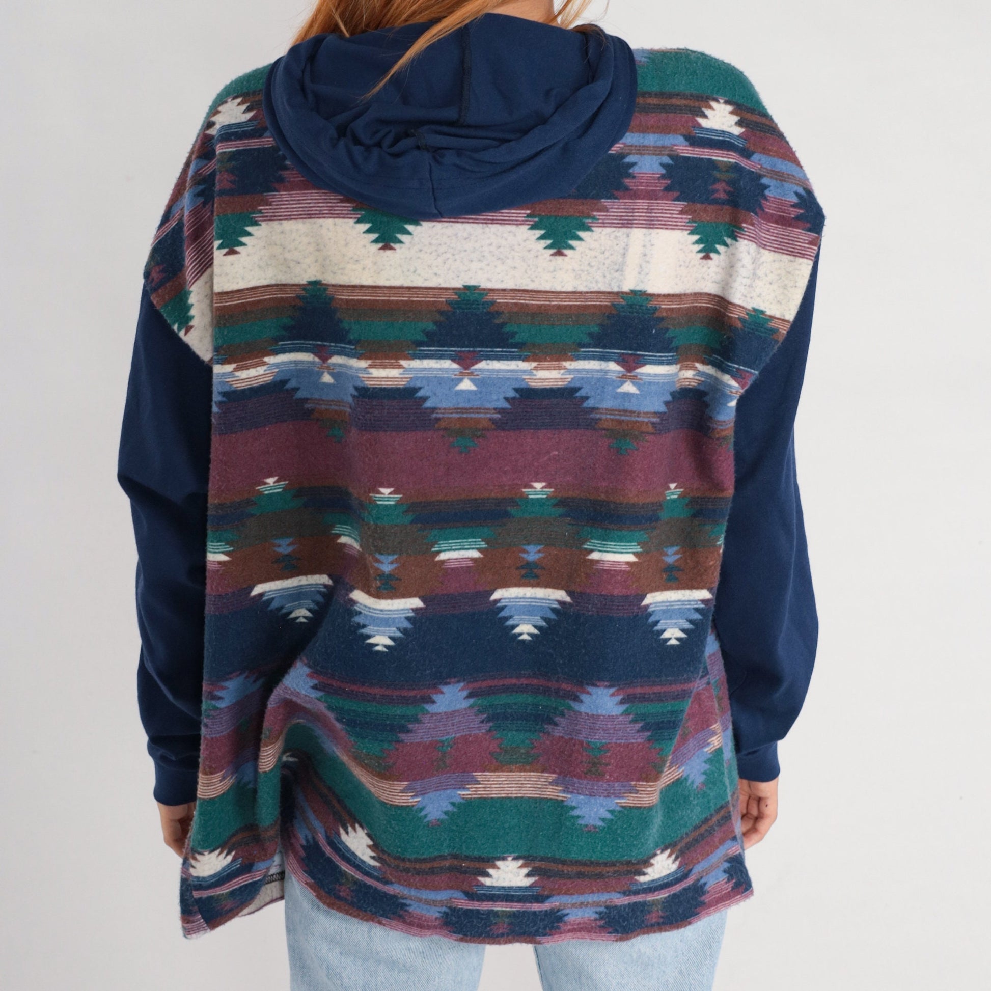 90s Southwestern Aztec Hooded Fleece Tee Dark Blue Cotton Large