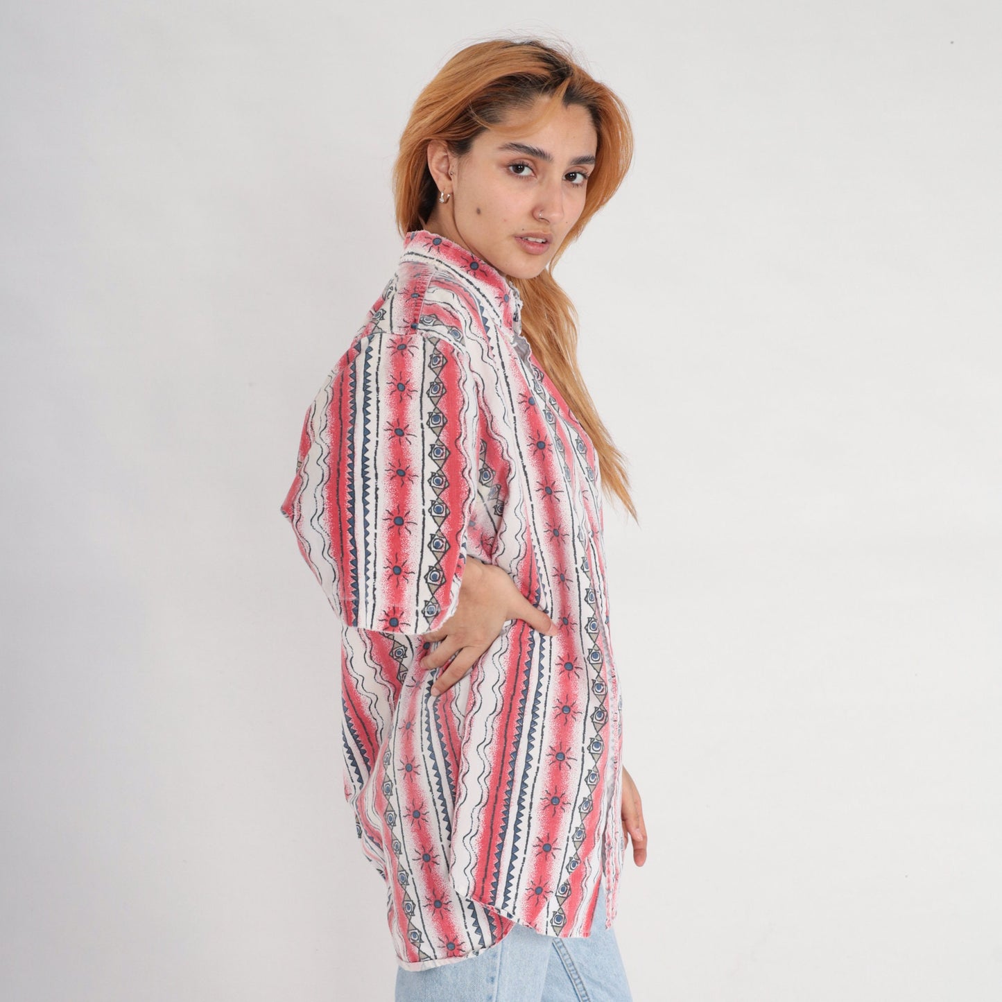 90s Celestial Red Striped Button Up Shirt Geometric Sun Print Extra Large