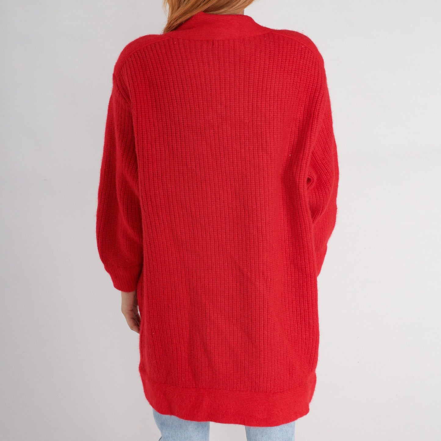 80s Red Wool Blend Cardigan Sweater Ribbed Knit Open Front Pockets Medium Large
