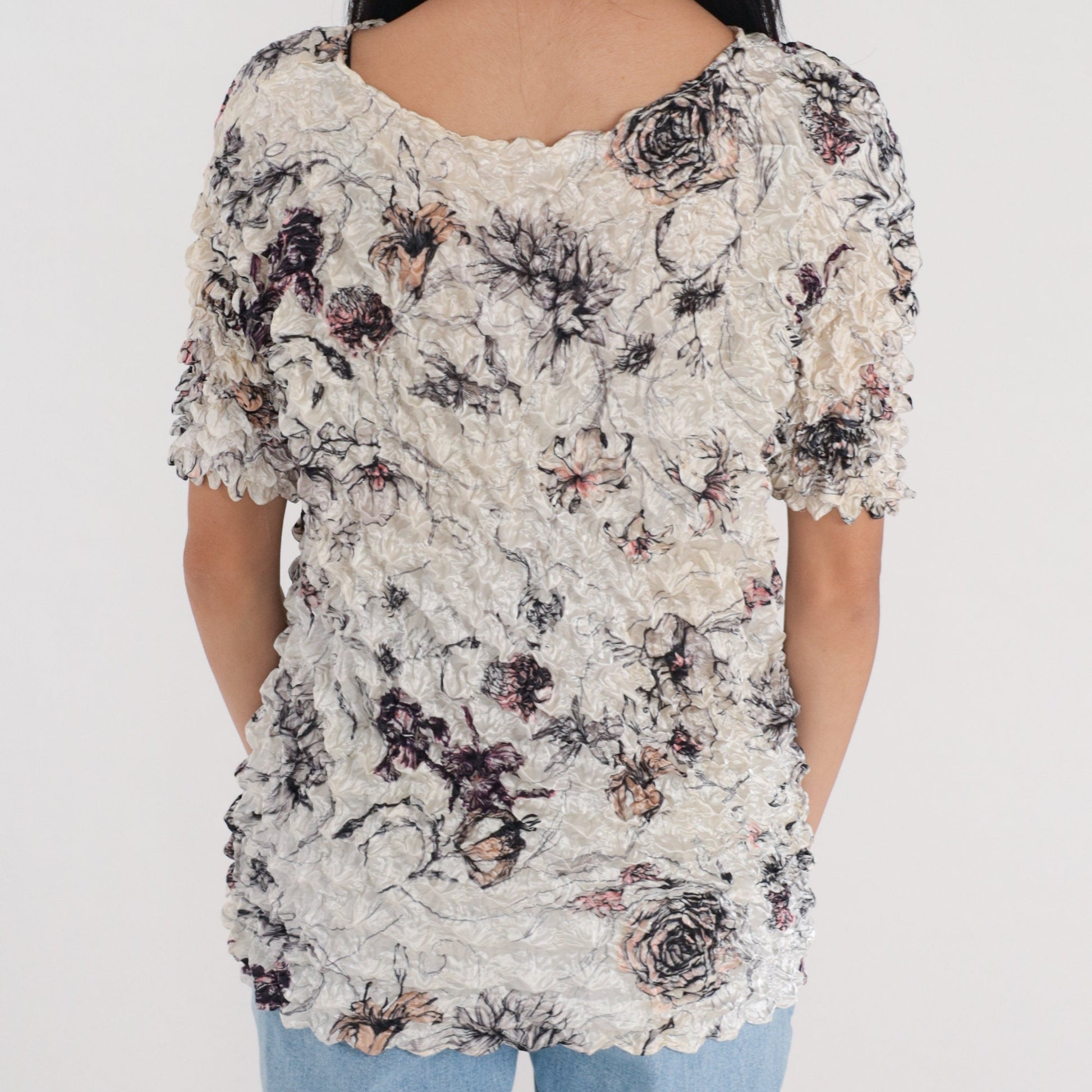 90s Floral Popcorn Texture Blouse Short Sleeve Stretchy Rose Print Small
