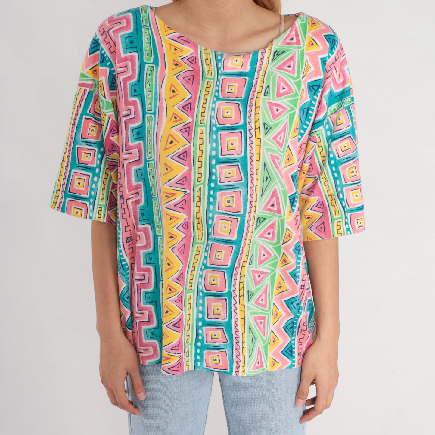 90s Geometric Striped T-Shirt Green Blue Pink Surfer Print Extra Extra Large XXL
