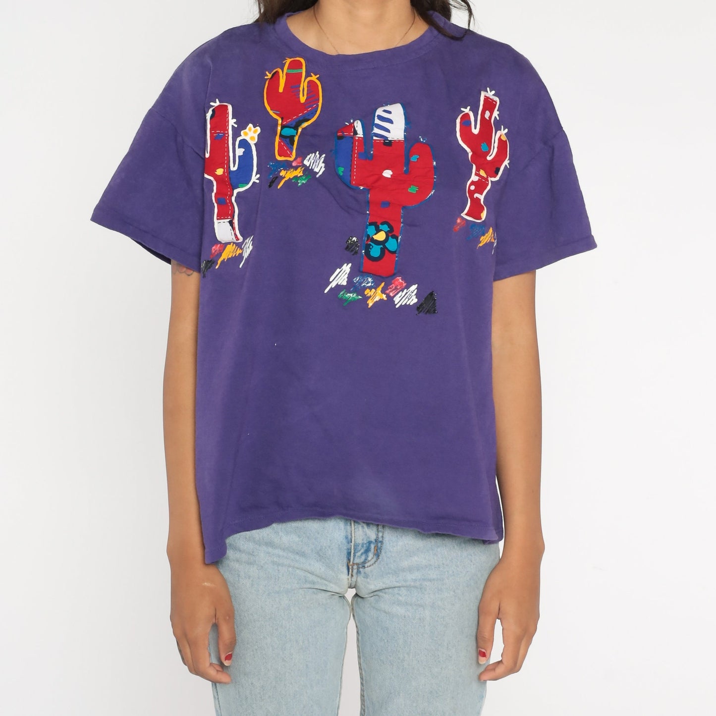 90s Cactus Saguaro Painted T-Shirt Purple Southwest Graphic Cotton Tee