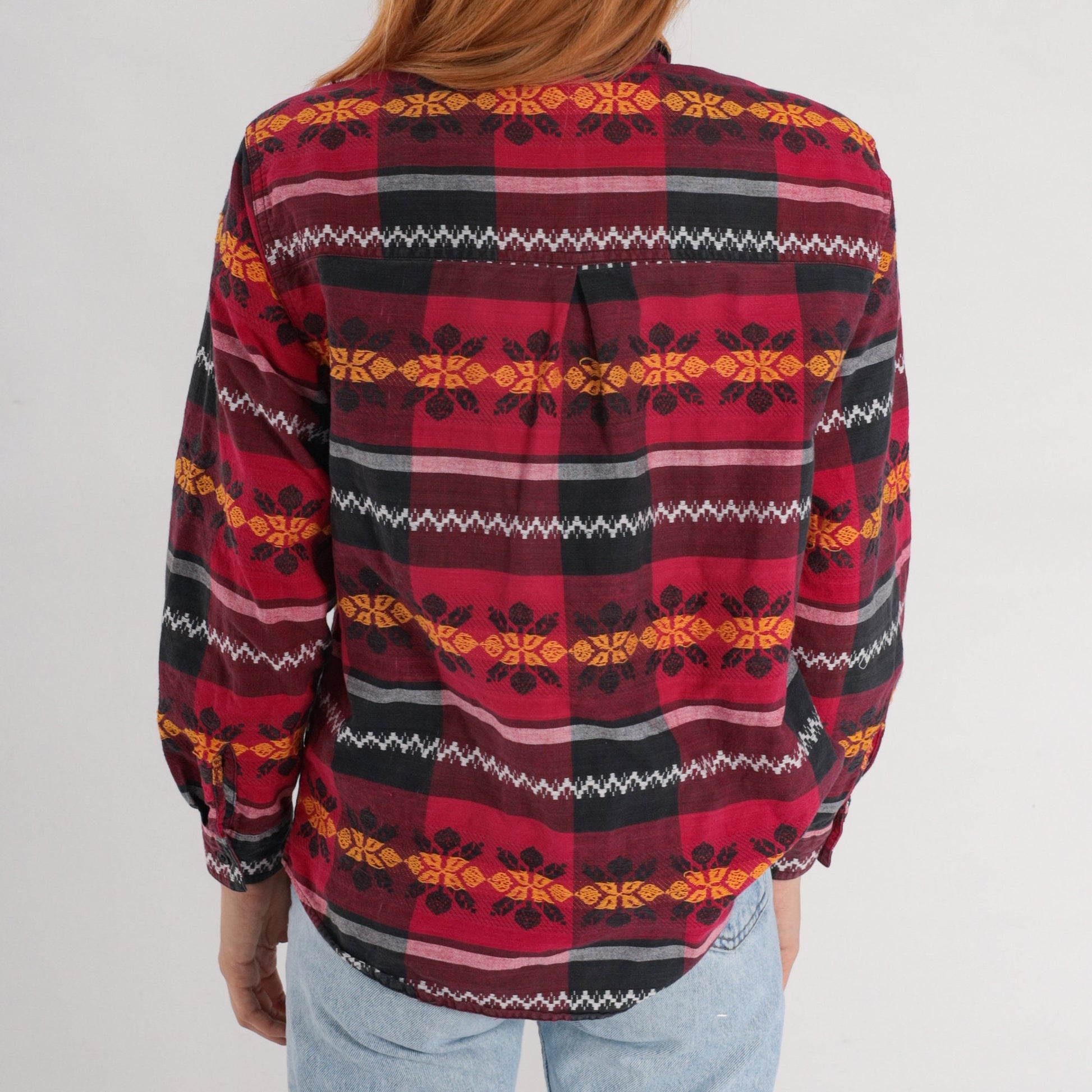 90s Checkered Floral Button Up Blouse Red Black Embroidered Long Sleeve Medium