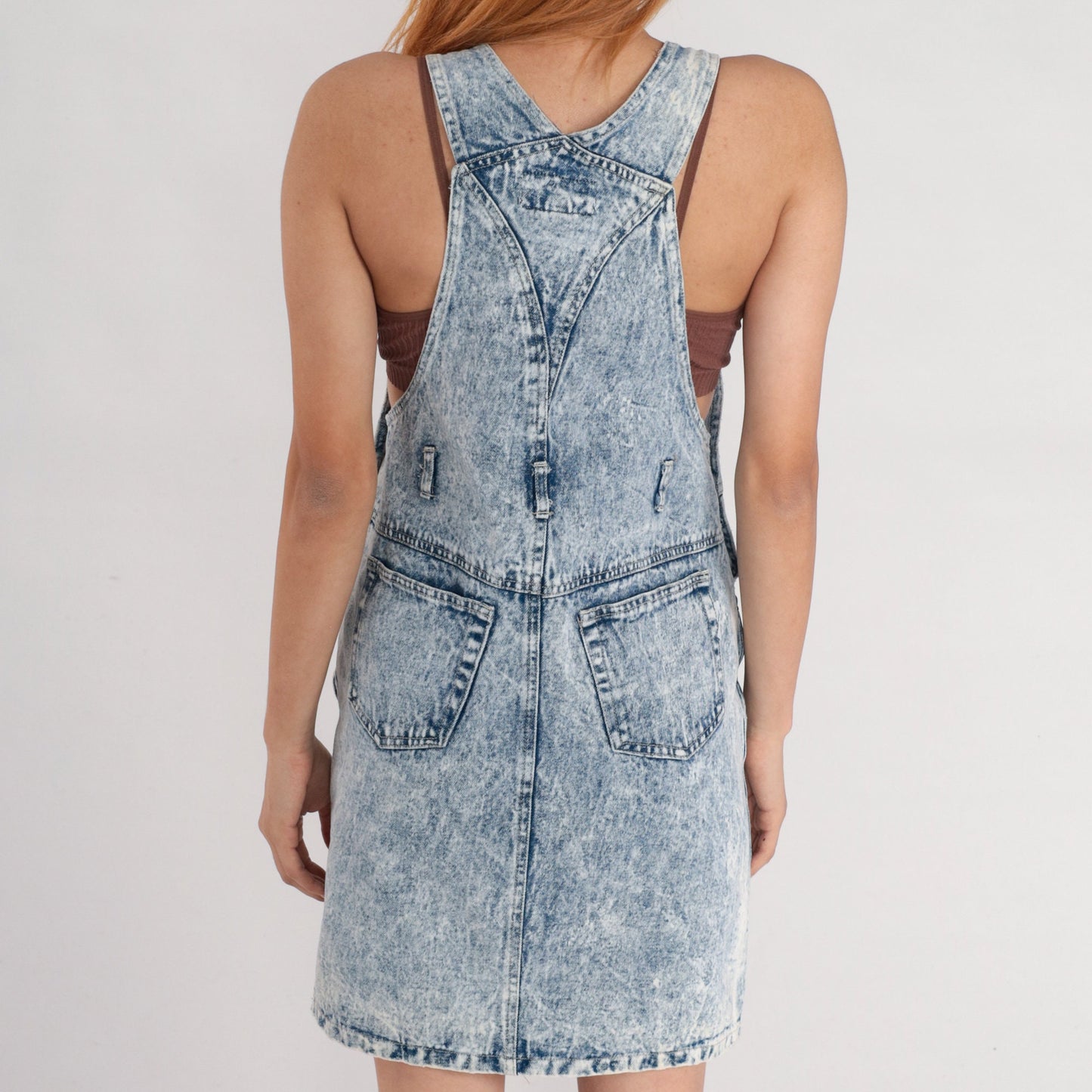 80s Acid Wash Denim Overall Dress Mini Sleeveless Bib Jumper Small