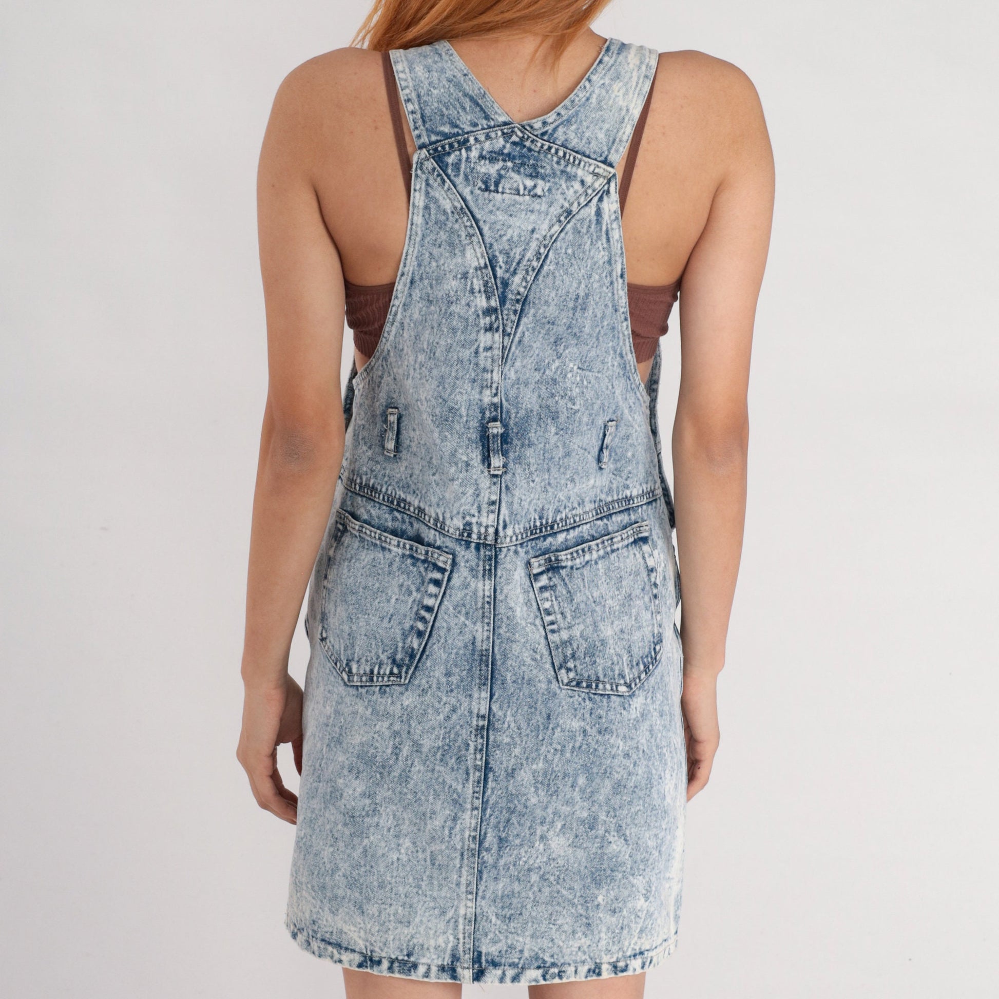 80s Acid Wash Denim Overall Dress Mini Sleeveless Bib Jumper Small